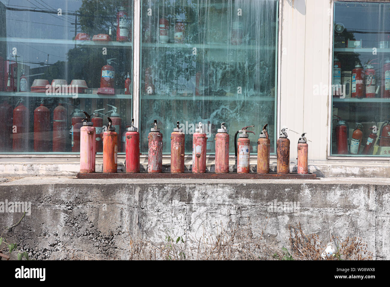 A row of old fire extinguishers in front of a shop window with fire