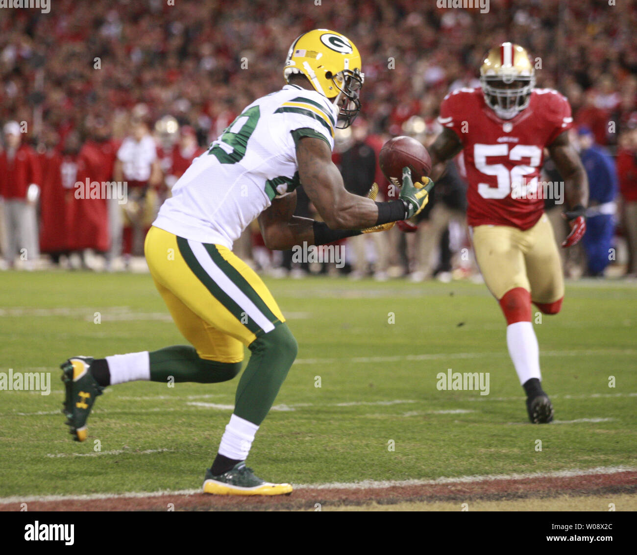 Green Bay Packers James Jones hauls in a 20 yard pass from QB Aaron Rodgers for a TD in the second quarter of the NFC Divisional Playoff against the San Francisco 49ers at Candlestick Park in San Francisco on January 12, 2013. The 49ers defeated the Packers 45-31.   UPI/Bruce Gordon Stock Photo