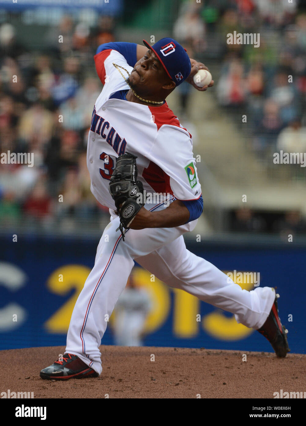 Edinson Volquez of Dominican Republic throws against the Netherlands in the first inning of the semi finals of the World Baseball Classic at AT&T Park in San Francisco on March 18, 2013.    UPI/Terry Schmitt Stock Photo