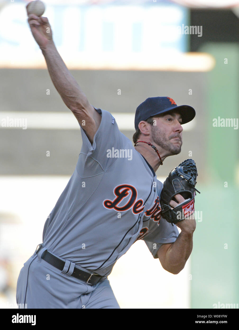 Detroit Tigers Justin Verlander throws against the Oakland A's in the first inning of game 5 of the American League Division Series at O.co Coliseum in Oakland, California on October 10, 2013.     UPI/Terry Schmitt Stock Photo