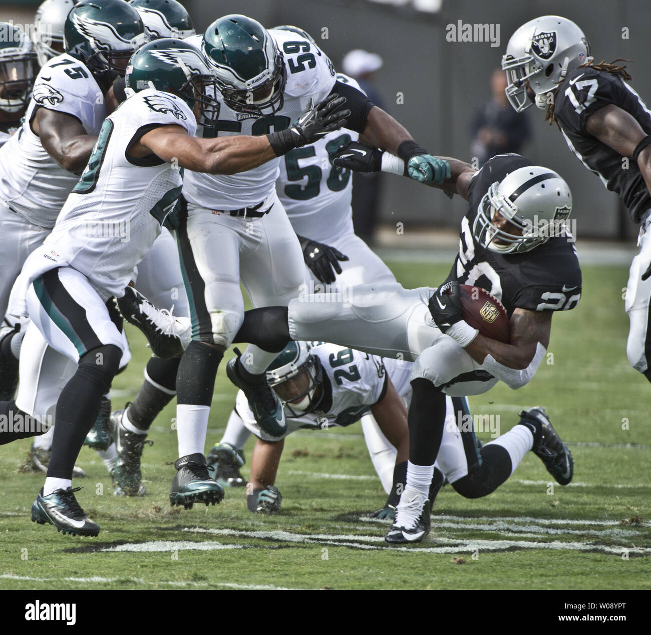 Oakland, California, USA. 6th Dec, 2012. Oakland Raiders running back Darren  McFadden (20) celebrates touchdown in black hole on Thursday at O.co  Coliseum in Oakland, CA. The Broncos defeated the Raiders 26-13.