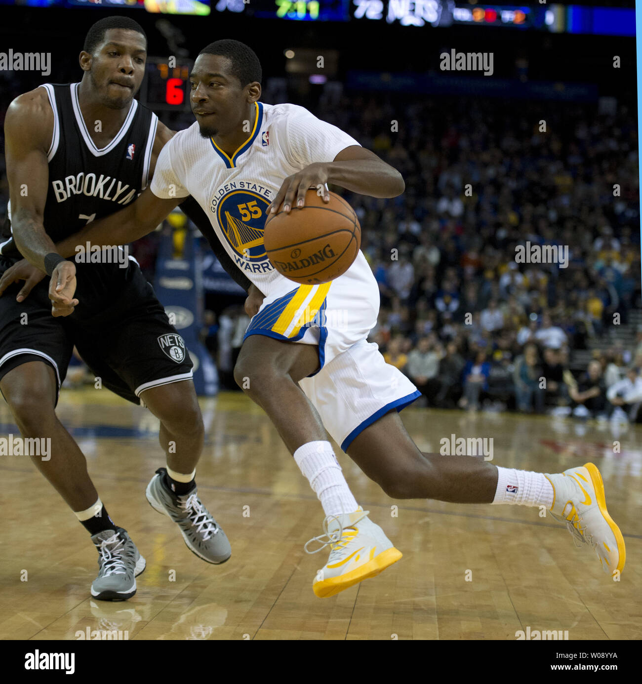 Golden State Warriors Jordan Crawford 55 drives against Brooklyn Nets Joe Johnson in the second half