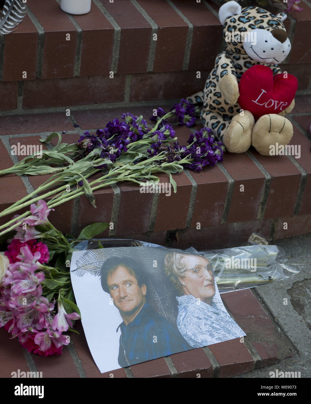 Tributes sit at a makeshift shrine to Robin Williams at the San Francisco Victorian house used in the 1993 movie 'Mrs. Doubtfire' on August 12, 2014. Williams died of asphyxia after hanging himself August 11. He was 63.     UPI/Terry Schmitt Stock Photo