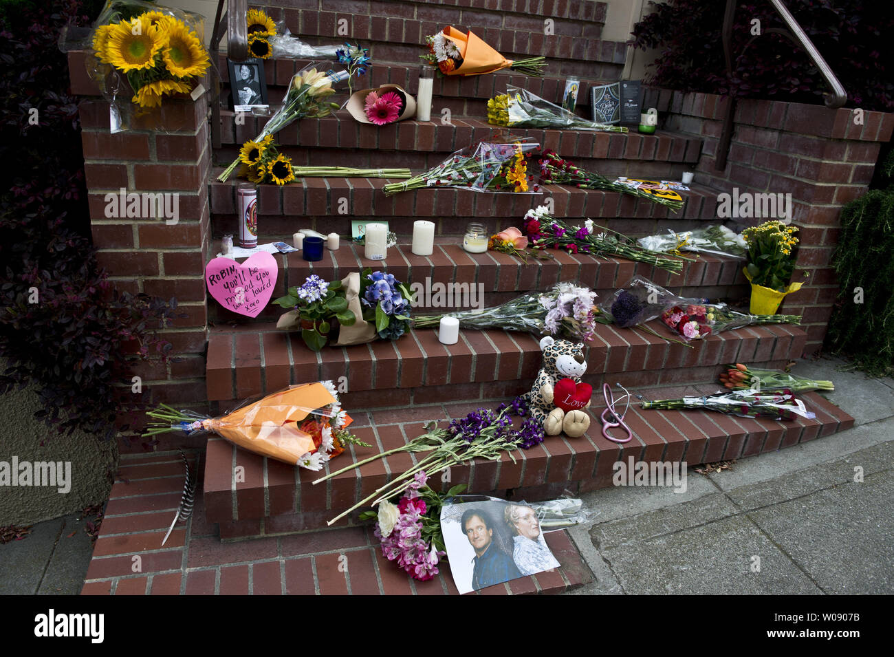 Tributes sit at a makeshift shrine to Robin Williams at the San Francisco Victorian house used in the 1993 movie 'Mrs. Doubtfire' on August 12, 2014. Williams died of asphyxia after hanging himself August 11. He was 63.     UPI/Terry Schmitt Stock Photo