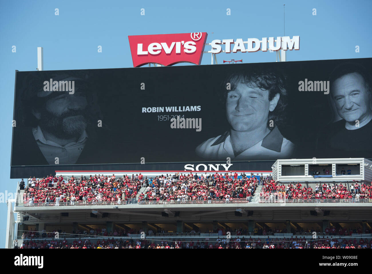 The scoreboard dip lays a tribute to Robin Williams at the new Levi's  Stadium in Santa Clara, California on August 17, 2014. Today is the first  game for the 49ers as they