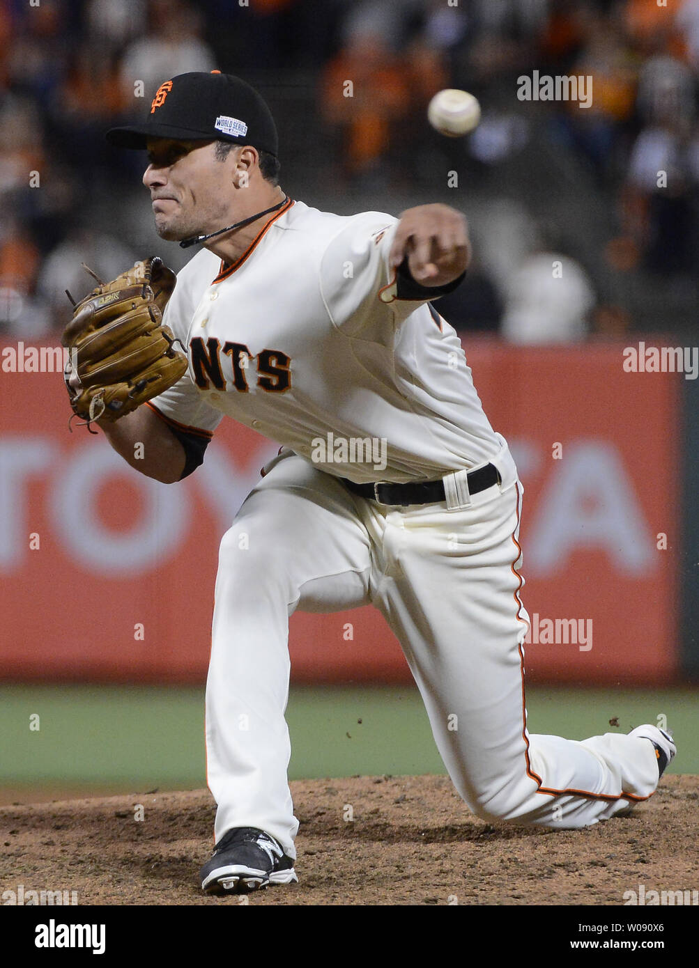 San Francisco Giants reliever Javier Lopez throws against the Kansas City Royals during the sixth inning of game 3 of the World Series at AT&T Park in San Francisco on October 24, 2014.  UPI/Terry Schmitt Stock Photo