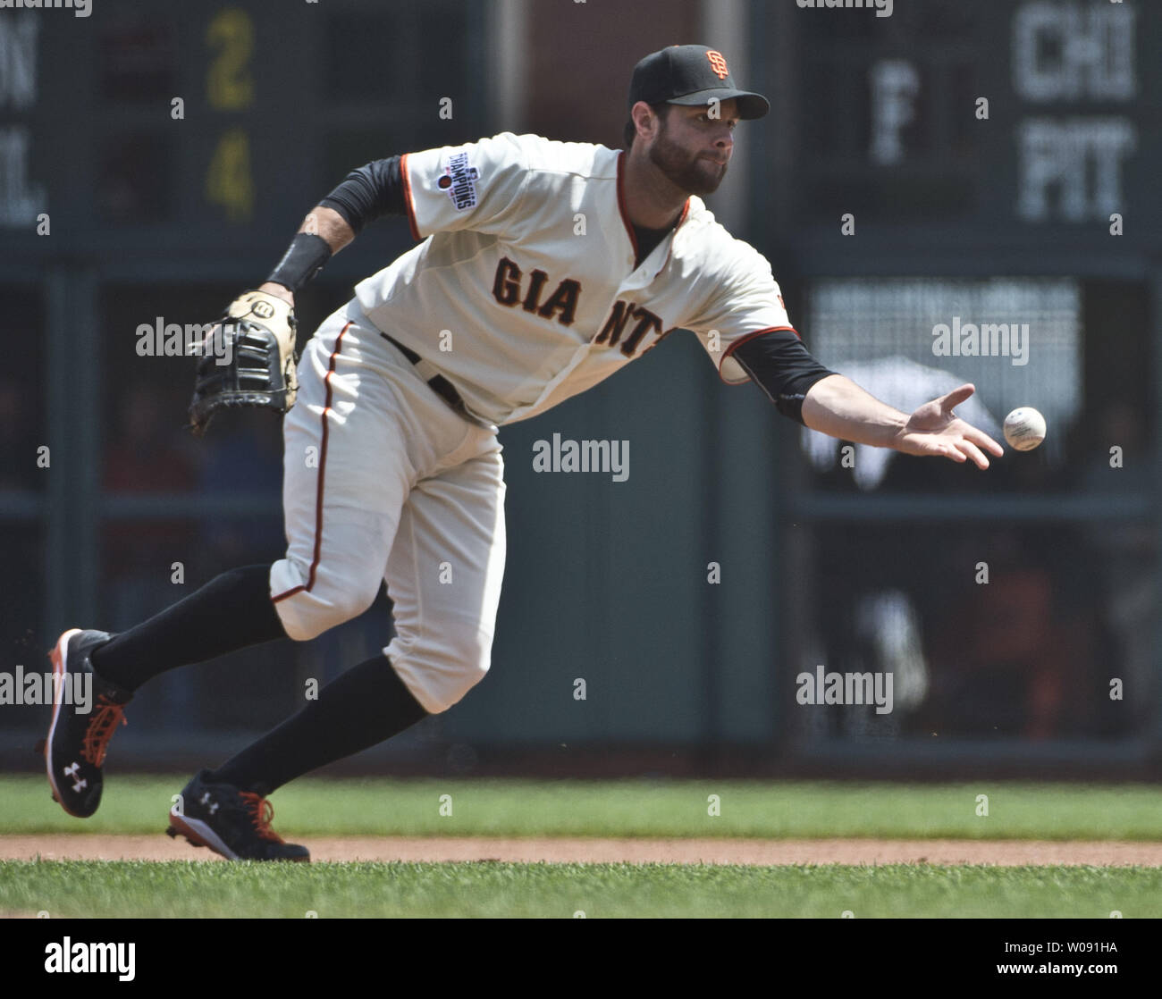 San Francisco Giants 1B Brandon Belt lobs to pitcher Ryan Vogelsong to get Los Angeles Dodgers Alex Guerrero in the fourth inning at AT&T Park in San Francisco on April 23, 2015.  The Giants defeated the Dodgers 3-2 in 10 innings.        Photo by Terry Schmitt/UPI Stock Photo