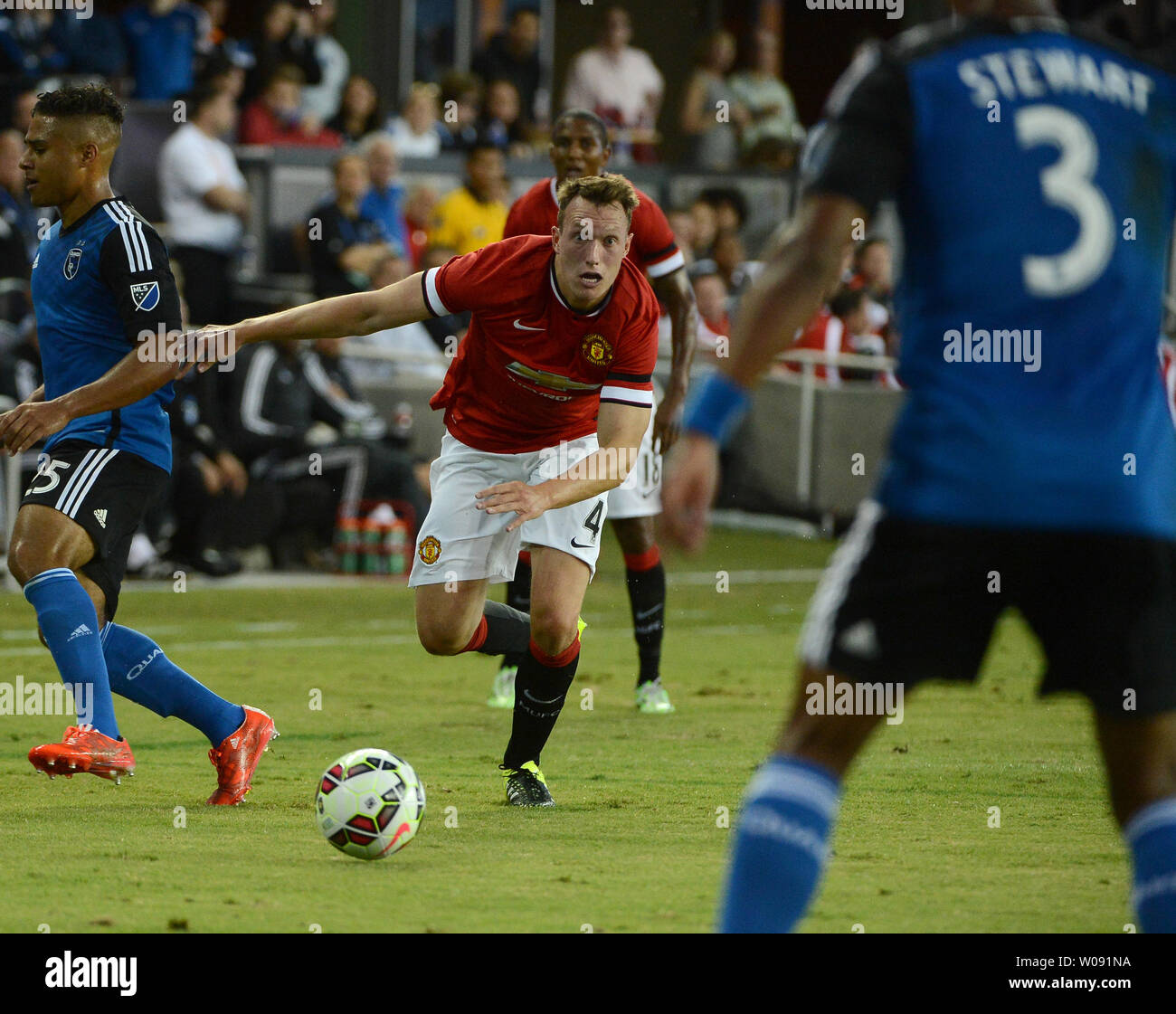 Manchester United's Phil Jones (4) looks to pass against the San Jose Earthquakes in the first half in the 2015 International Champions Cup North America at Avaya Stadium in San Jose, California on July 21, 2015. Manchester defeated San Jose 3-1.    Photo by Terry Schmitt/UPI Stock Photo