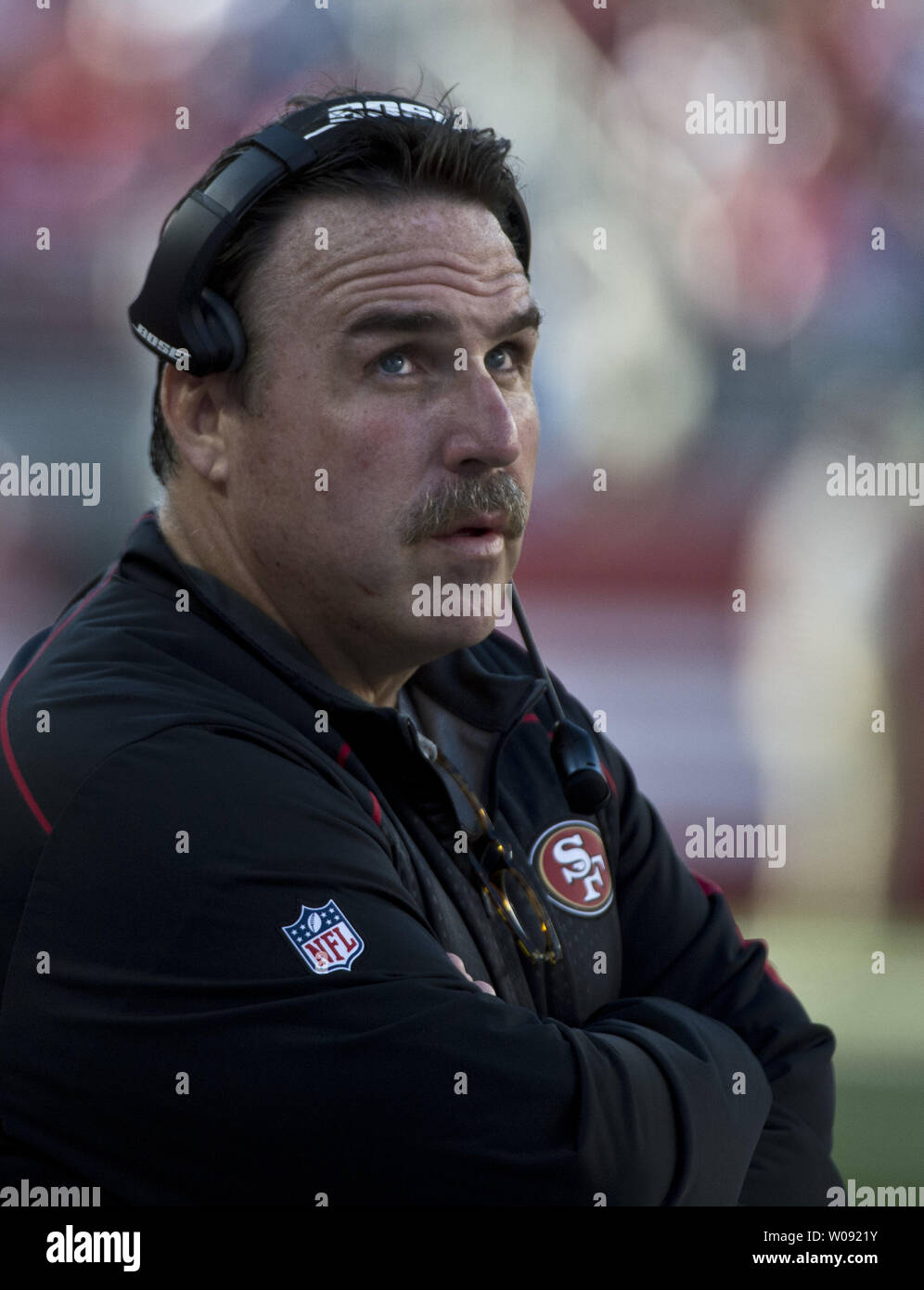 San Francisco 49ers Head Coach Jim Tomsula looks at the scoreboard in the second quarter against the Dallas Cowboys at Levi's Stadium in Santa Clara, California on August 23, 2015. The 49ers defeated the Cowboys 23-6 in their pre season game.  Photo by Terry Schmitt/UPI Stock Photo