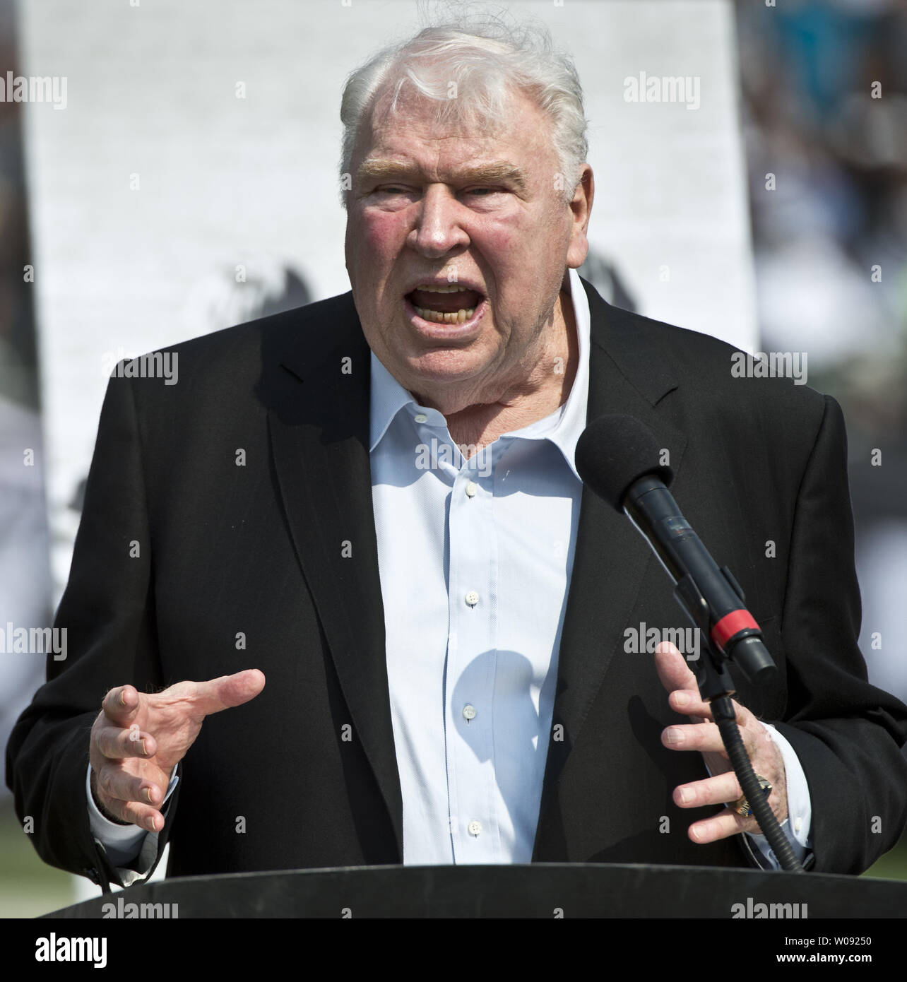 Former Oakland Raiders coach and sportscaster John Madden speaks at a halftime tribute to the late Ken Stabler, QB of the Super Bowl XI winning Raiders with Madden as coach, at O.co Coliseum in Oakland, California on September 13, 2015.   Photo by Terry Schmitt/UPI Stock Photo