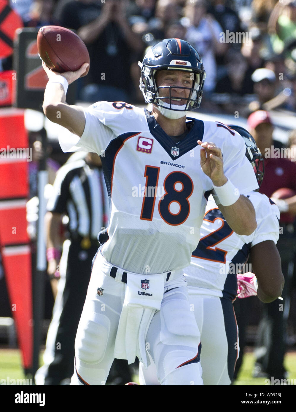 Denver Broncos QB Peyton Manning passes against the Oakland Raiders in the first quarter at O.co Coliseum in Oakland, California on October 11, 2015. The Broncos defeated the Raiders 16-10.  Photo by Terry Schmitt/UPI Stock Photo
