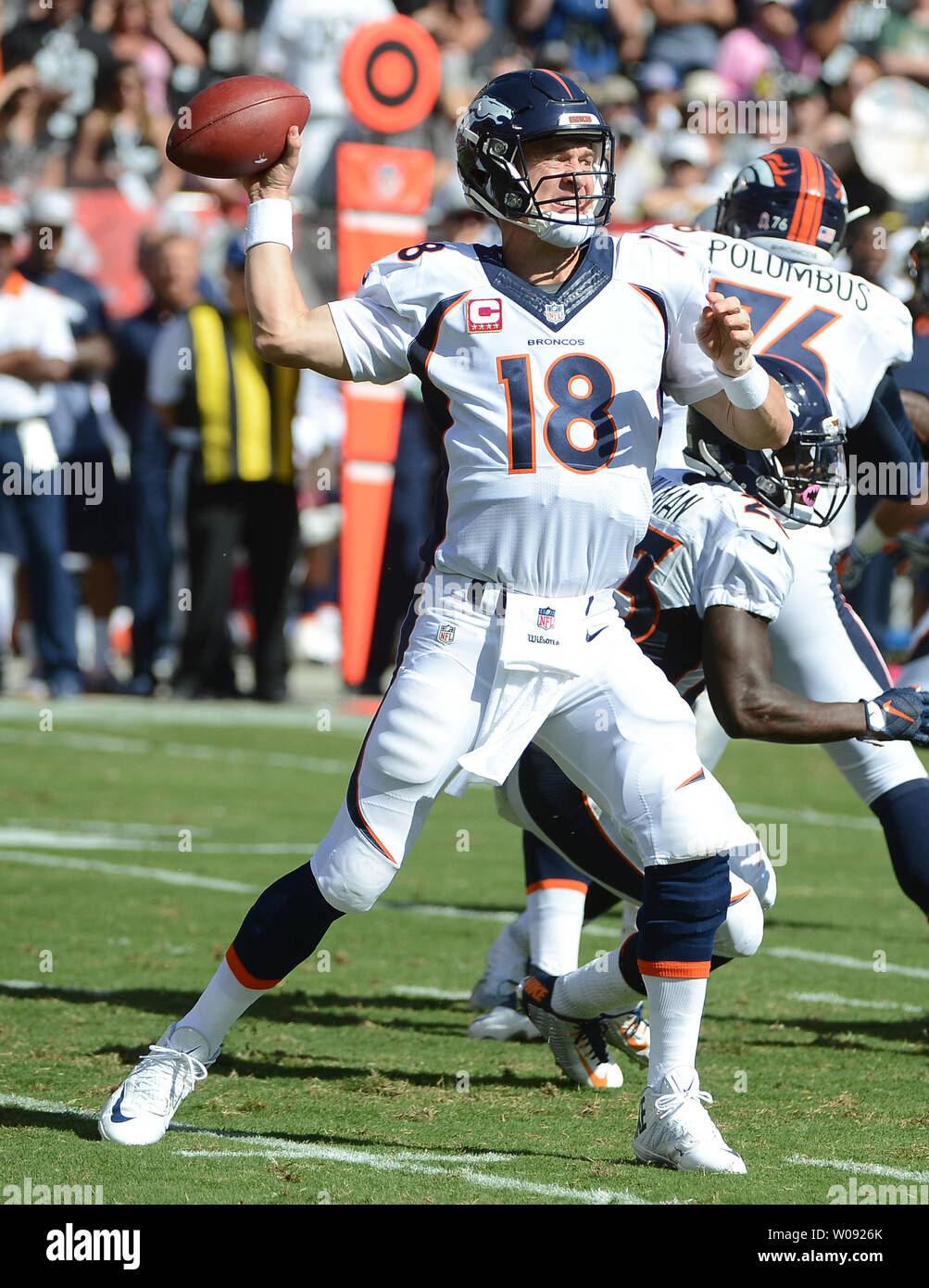 Denver Broncos QB Peyton Manning passes against the Oakland Raiders in the second quarter at O.co Coliseum in Oakland, California on October 11, 2015. The Broncos defeated the Raiders 16-10.  Photo by Terry Schmitt/UPI Stock Photo