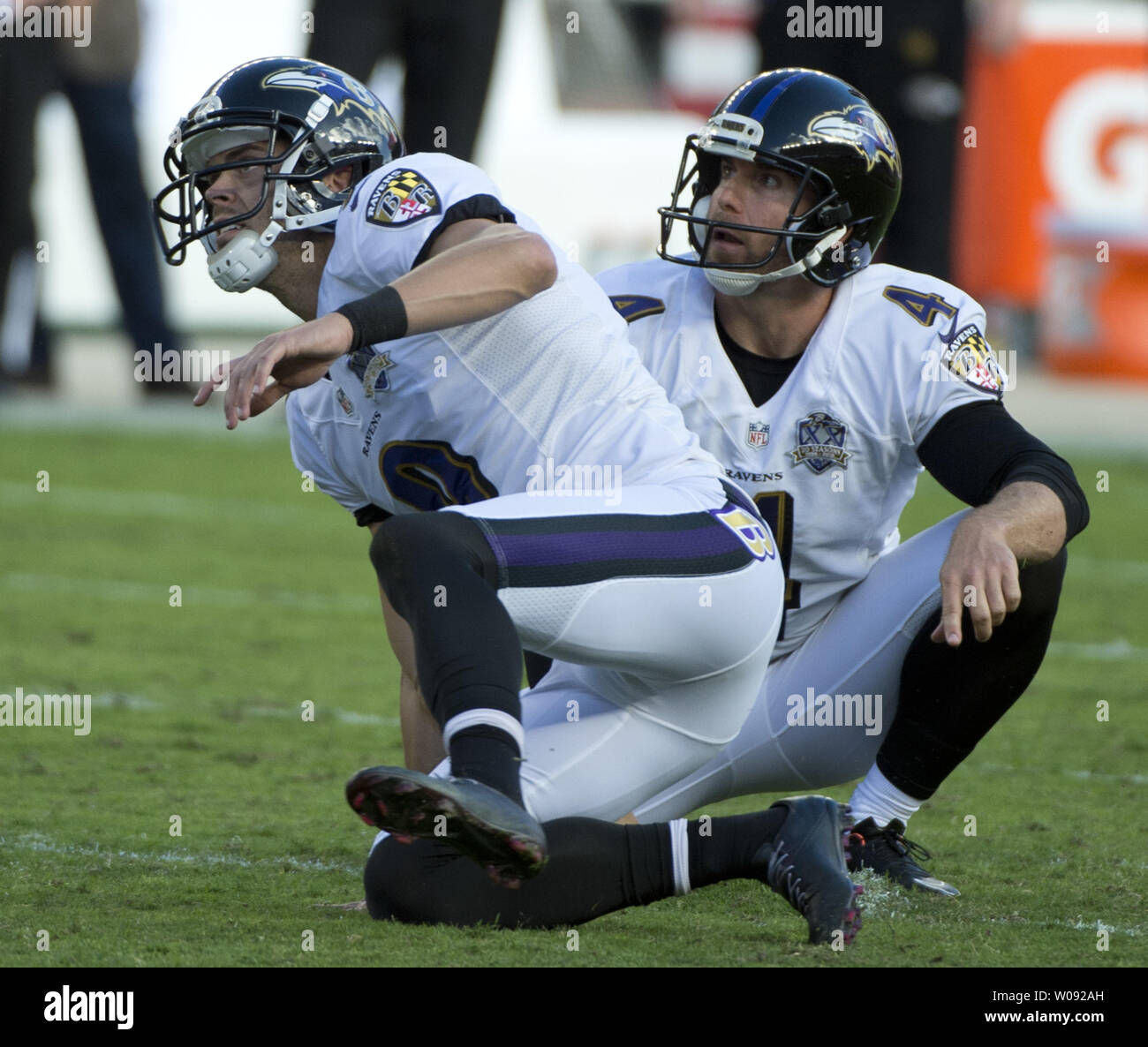 Baltimore Ravens kicker Justin Tucker (L) and holder Sam Koch watch a  missed 45 yard field goal attempt in the fourth quarter against the San  Francisco 49ers at Levi's Stadium in Santa