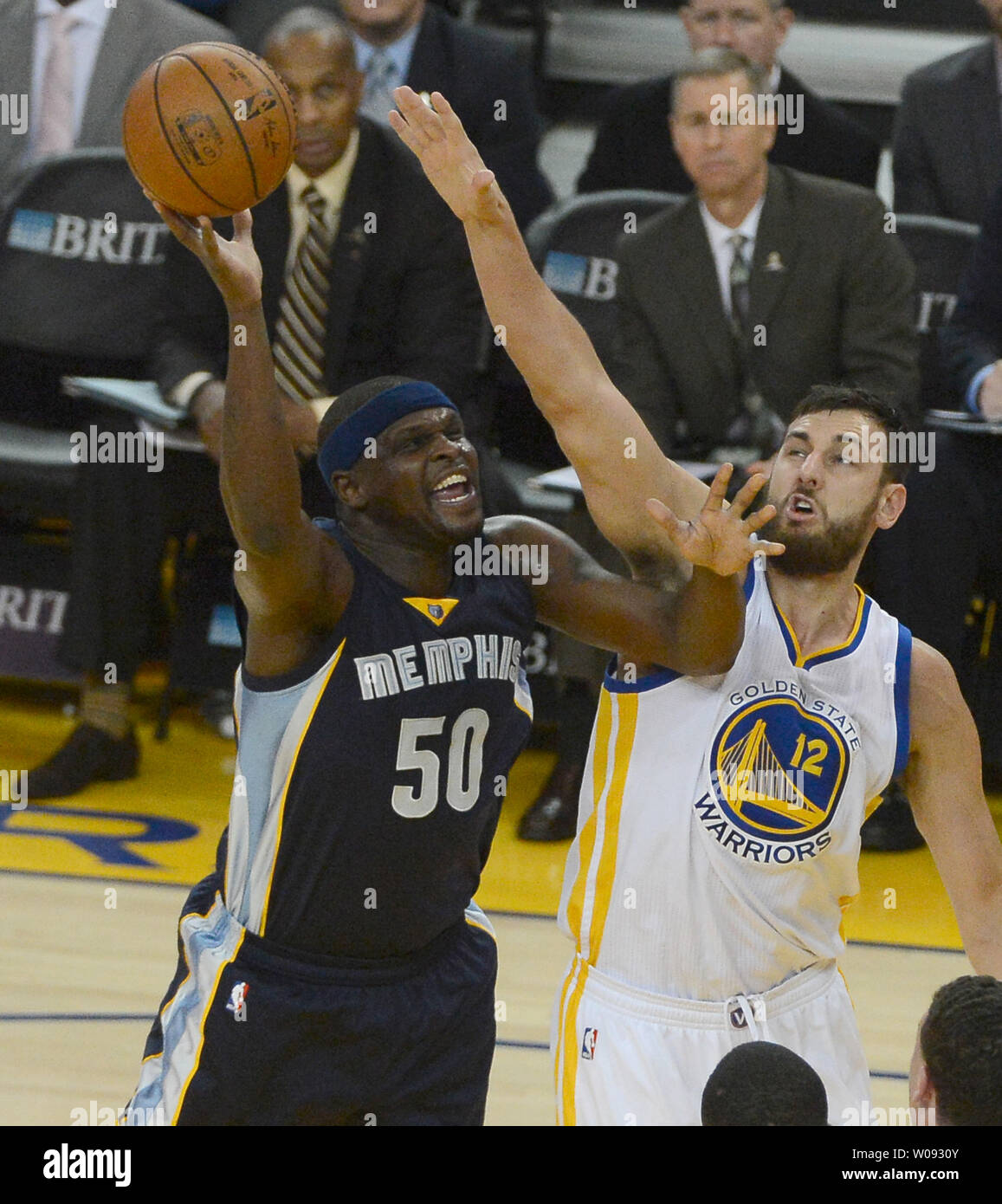 Golden State Warriors Andrew Bogut (12) goes up to block a shot by Memphis Grizzles Zach Randolph (50) in the first period at Oracle Arena in Oakland, California on April 13, 2016. The Warriors defeated the Grizzles 125-104 to set a season record of 73 wins.    Photo by Terry Schmitt/UPI Stock Photo