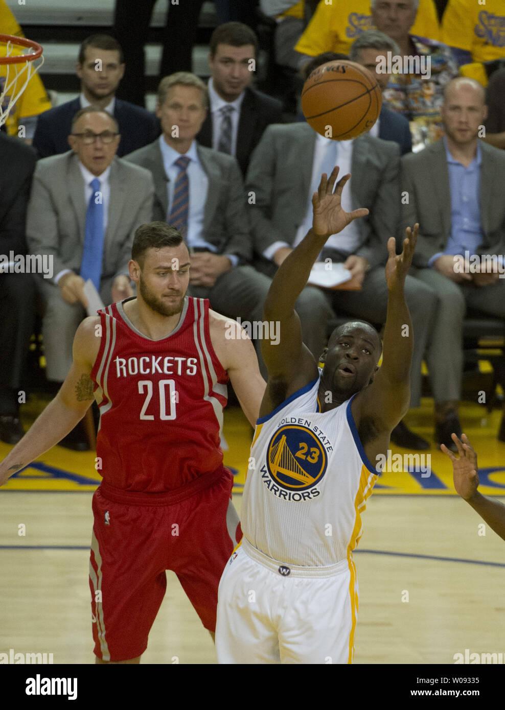 Golden State Warriors Draymond Green 23 Grabs A Rebound In Front Of Houston Rockets Donatas Motiejunas In The Third Period Of Game 5 Of The Nba Playoffs At Oracle Arena In Golden State Warriors Draymond Green 23 Grabs A Rebound In Front Of Houston Rockets Donatas Motiejunas In The Third Period Of Game 5 Of The Nba Playoffs At Oracle Arena In