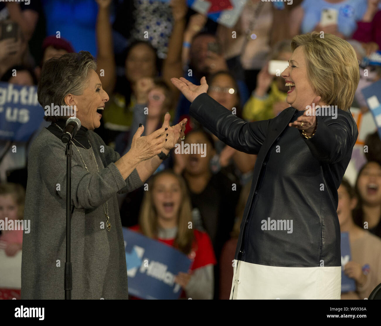 Democratic presidential hopeful Hillary Rodham Clinton (R) greets Senator Barbara Boxer (D-CA) in front of supporters at La Escuelita School in Oakland, California on May 6, 2016. Clinton told the crowd, ÒI will do everything I can to make sure the presumptive nominee of the Republican Party never gets near the White House.Ó     Photo by Terry Schmitt/UPI Stock Photo