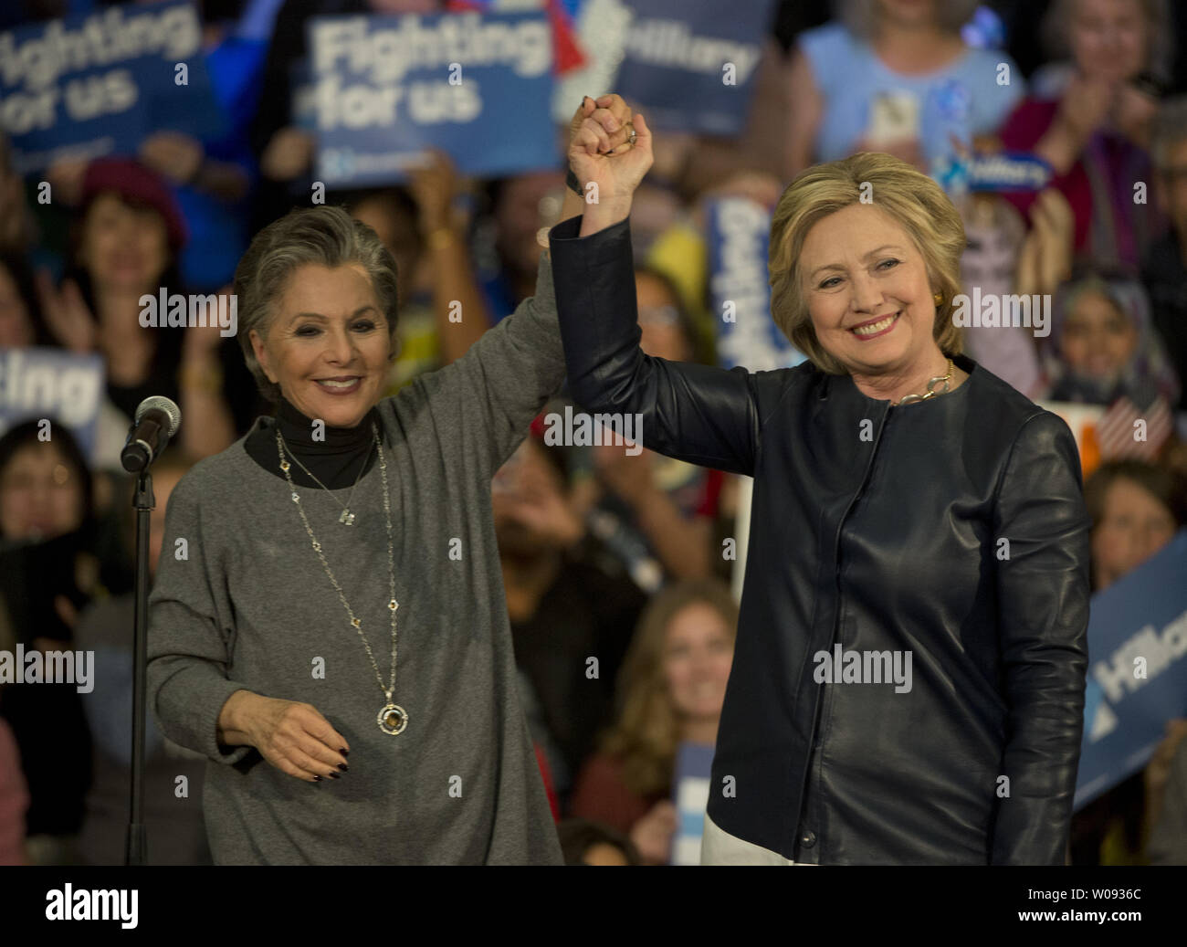 Democratic presidential hopeful Hillary Rodham Clinton (R) and Senator Barbara Boxer (D-CA) greet supporters at La Escuelita School in Oakland, California on May 6, 2016. Clinton told the crowd, ÒI will do everything I can to make sure the presumptive nominee of the Republican Party never gets near the White House.Ó     Photo by Terry Schmitt/UPI Stock Photo