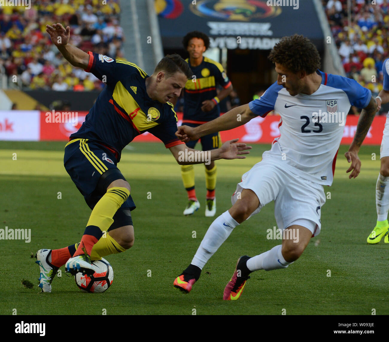 Colombia's Santiago Arias (4) and USA's Fabian Johnson (23) try and control the ball in the second half at COPA America Centenario at Levi's Stadium in Santa Clara, California on June 3, 2016.  Colombia won 2-0.   Photo by Terry Schmitt/UPI Stock Photo