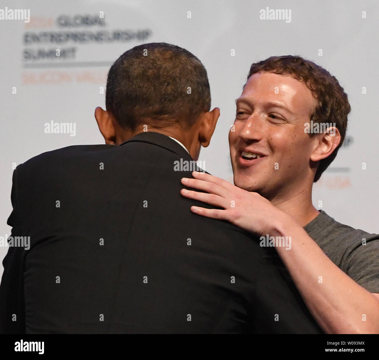 President Barack Obama (L) greets Facebook founder Mark Zuckerberg to a panel discussion at the Global Entrepreneurship Summit 2016 at Stanford University in Palo Alto, California on June 24,  2016. GES aims to connect American entrepreneurs and investors with international counterparts.          Photo by Terry Schmitt/UPI Stock Photo