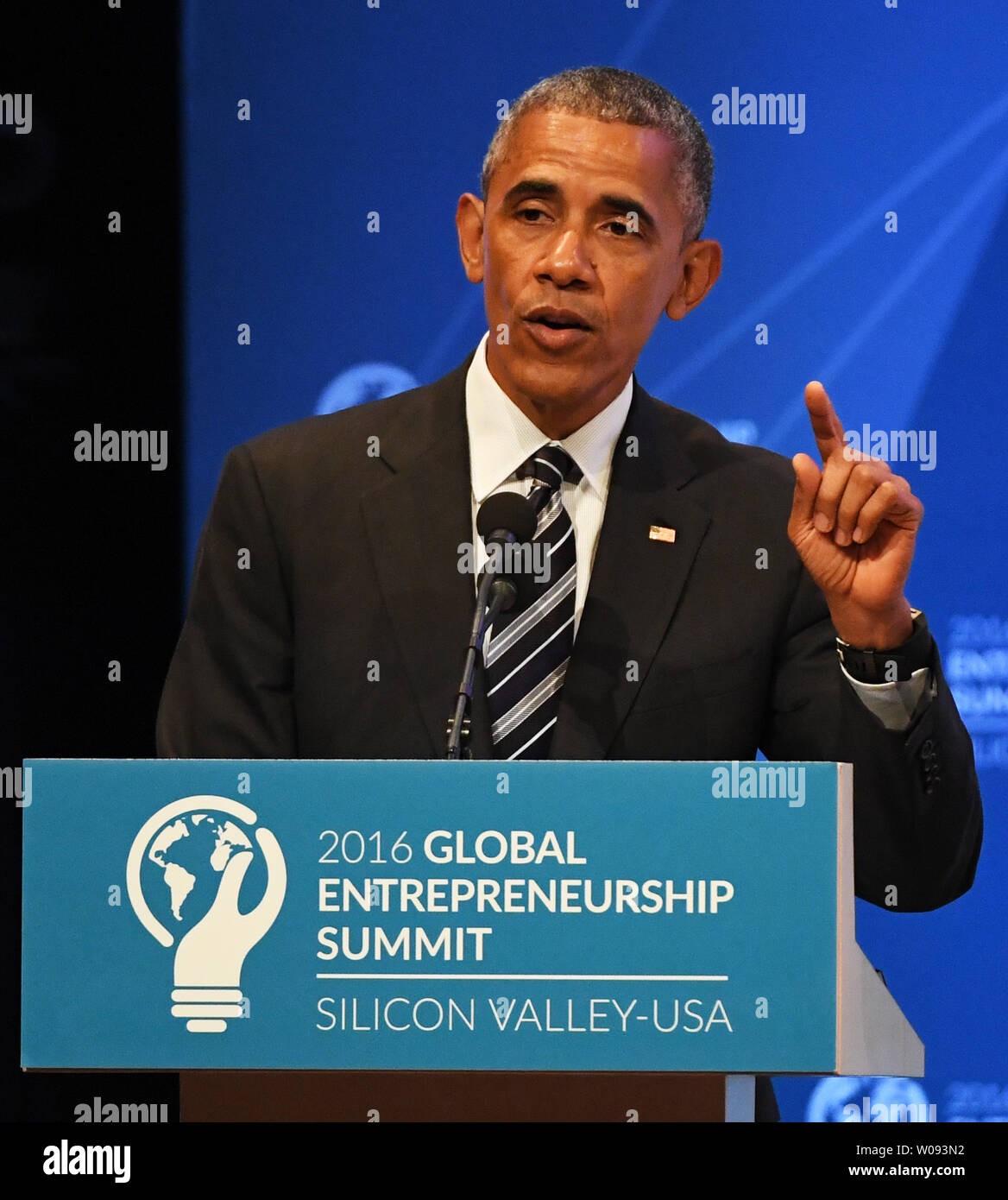 President Barack Obama speaks at the Global Entrepreneurship Summit 2016 at Stanford University in Palo Alto, California on June 24,  2016. GES aims to connect American entrepreneurs and investors with international counterparts.          Photo by Terry Schmitt/UPI Stock Photo