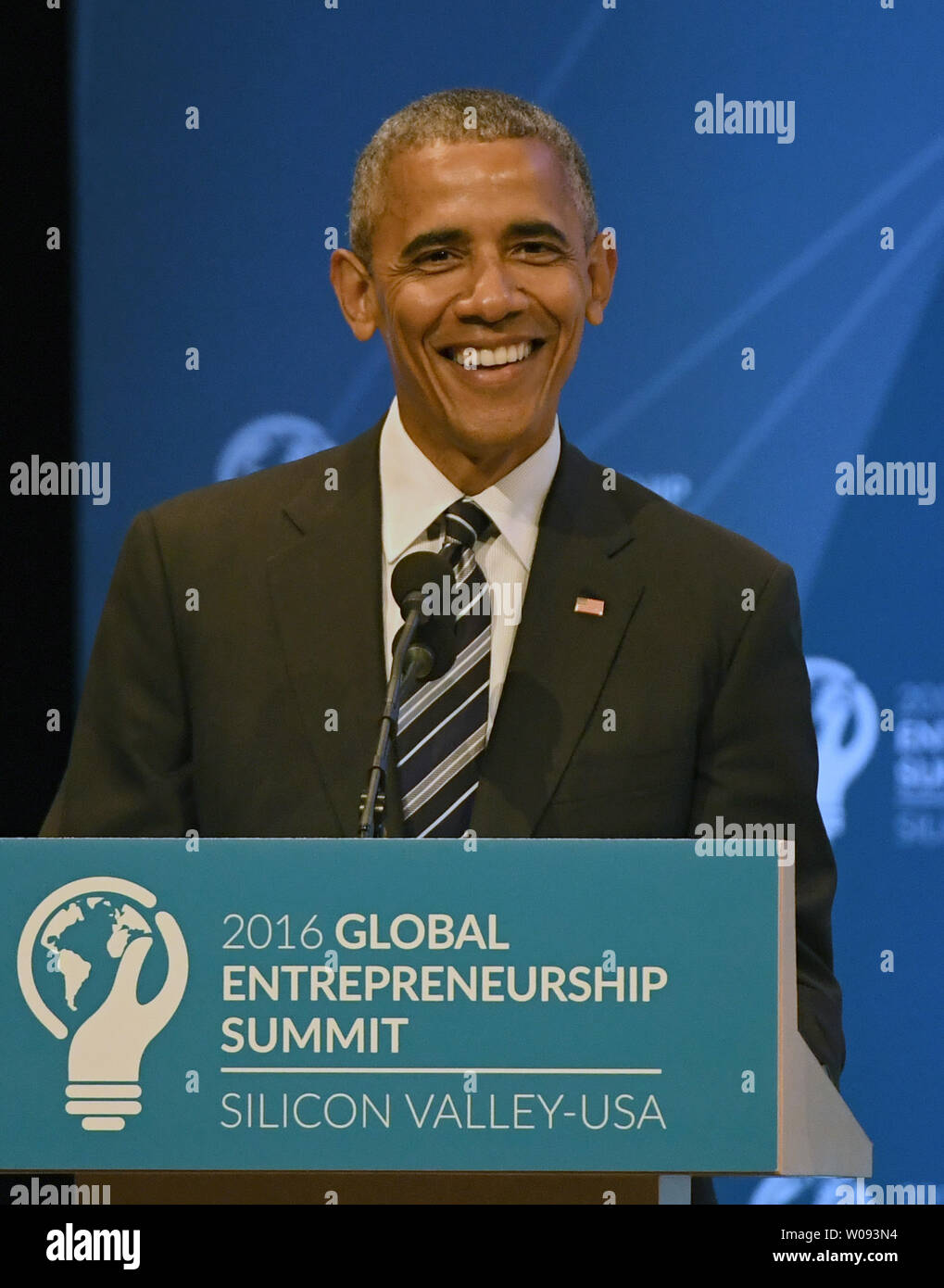 President Barack Obama speaks at the Global Entrepreneurship Summit 2016 at Stanford University in Palo Alto, California on June 24,  2016. GES aims to connect American entrepreneurs and investors with international counterparts.          Photo by Terry Schmitt/UPI Stock Photo