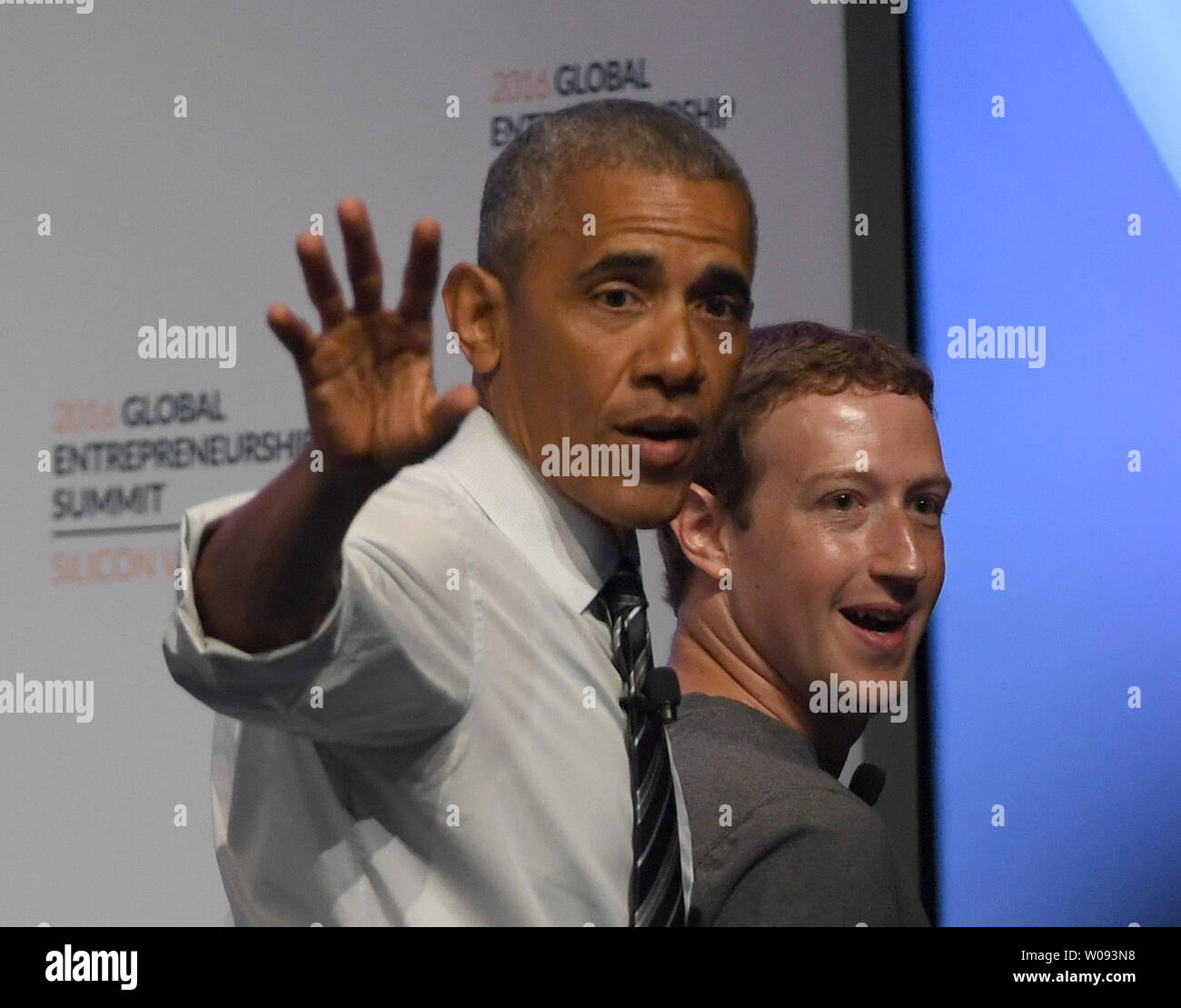President Barack Obama departs with Facebook founder Mark Zuckerberg after a panel discussion at the Global Entrepreneurship Summit 2016 at Stanford University in Palo Alto, California on June 24,  2016. GES aims to connect American entrepreneurs and investors with international counterparts.          Photo by Terry Schmitt/UPI Stock Photo