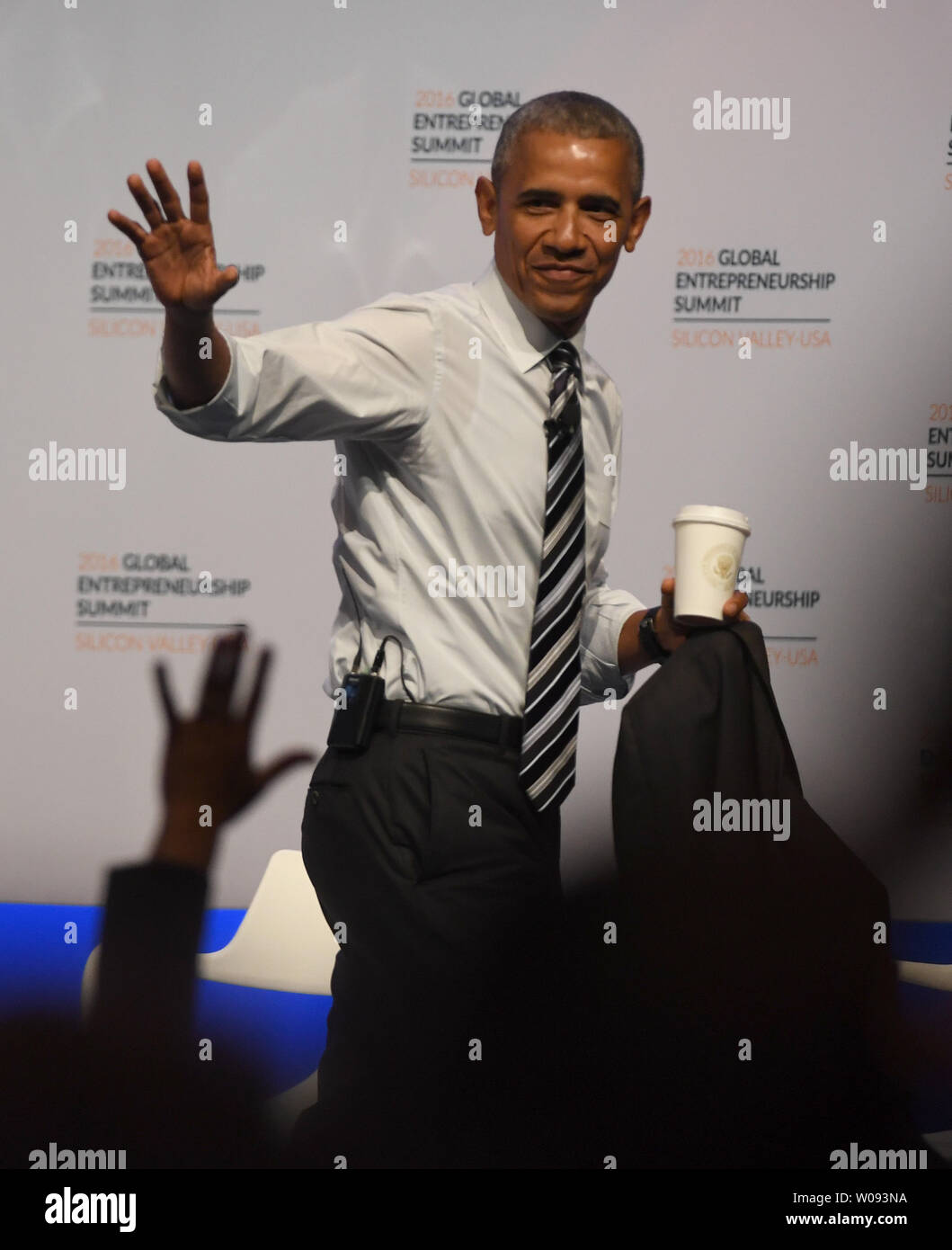 President Barack Obama departs after a panel discussion at the Global Entrepreneurship Summit 2016 at Stanford University in Palo Alto, California on June 24,  2016. GES aims to connect American entrepreneurs and investors with international counterparts.          Photo by Terry Schmitt/UPI Stock Photo