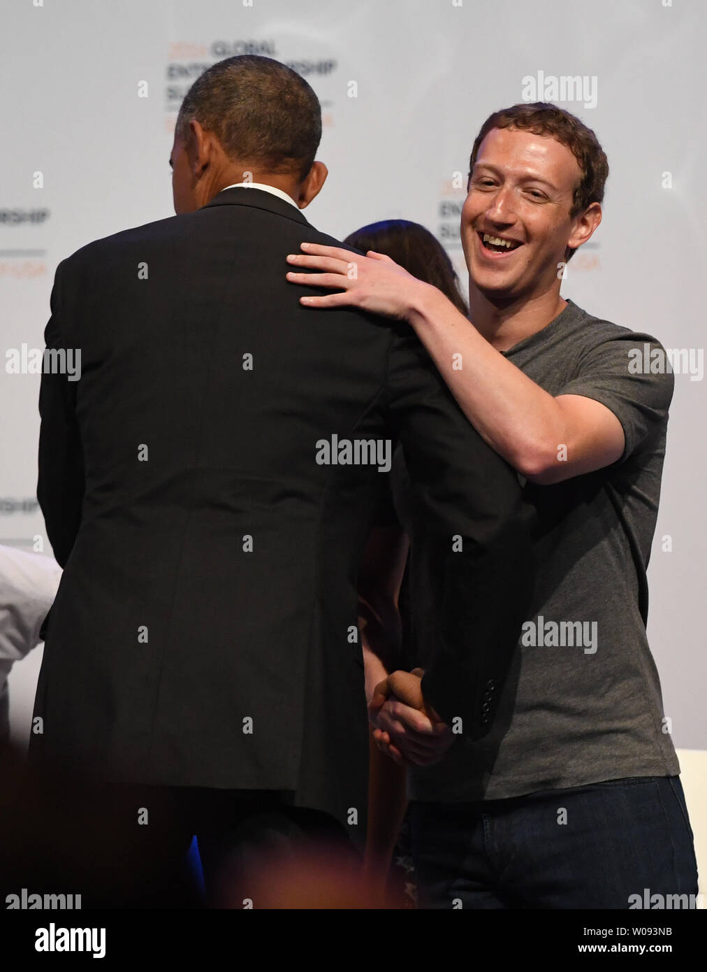 President Barack Obama (L) greets Facebook founder Mark Zuckerberg to a panel discussion at the Global Entrepreneurship Summit 2016 at Stanford University in Palo Alto, California on June 24,  2016. GES aims to connect American entrepreneurs and investors with international counterparts.          Photo by Terry Schmitt/UPI Stock Photo