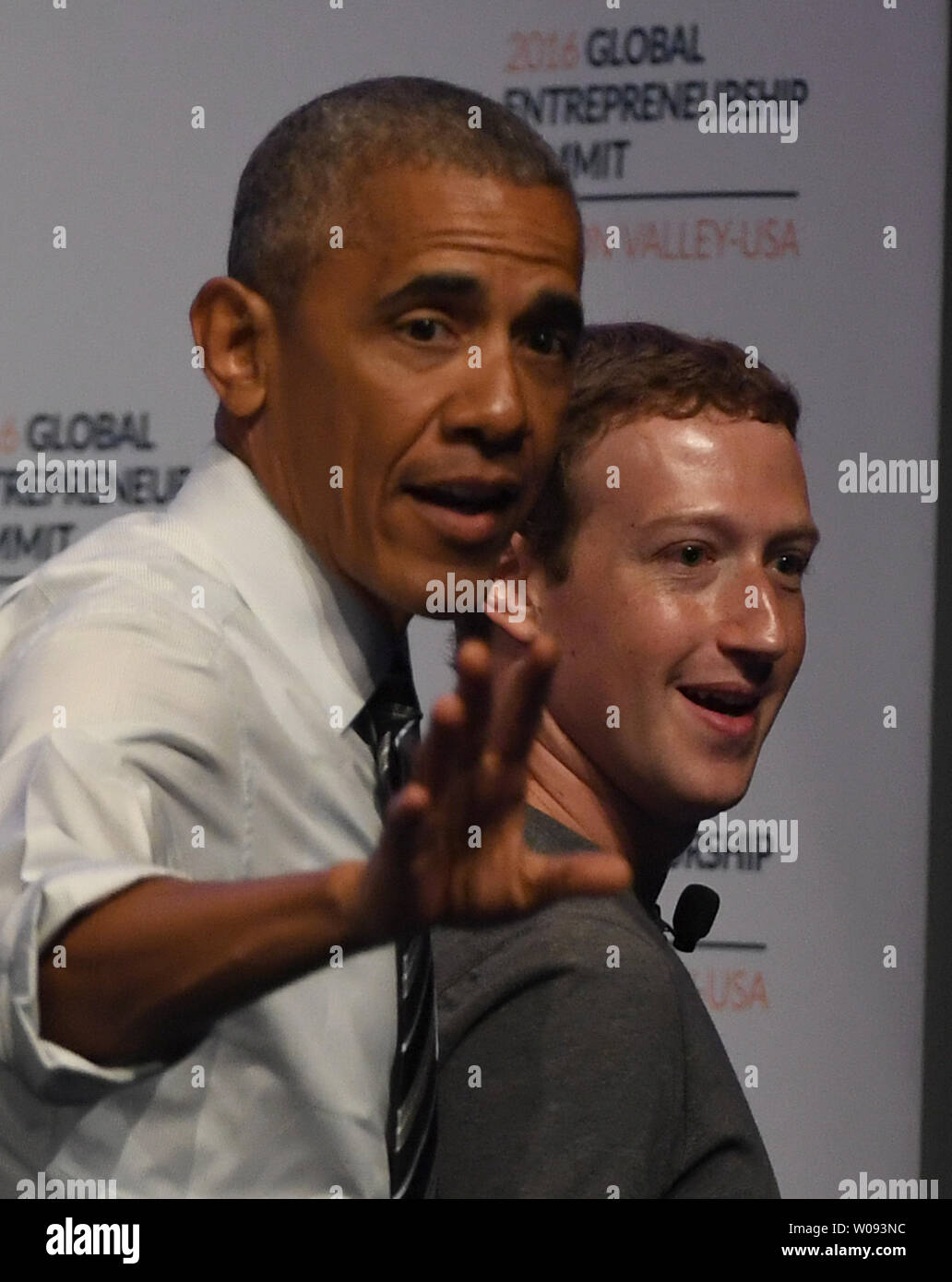 President Barack Obama departs with Facebook founder Mark Zuckerberg after a panel discussion at the Global Entrepreneurship Summit 2016 at Stanford University in Palo Alto, California on June 24,  2016. GES aims to connect American entrepreneurs and investors with international counterparts.          Photo by Terry Schmitt/UPI Stock Photo