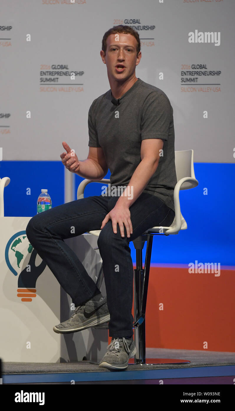 Facebook founder Mark Zuckerberg speaks at a panel discussion lead by President Barack Obama at the Global Entrepreneurship Summit 2016 at Stanford University in Palo Alto, California on June 24,  2016. GES aims to connect American entrepreneurs and investors with international counterparts.          Photo by Terry Schmitt/UPI Stock Photo