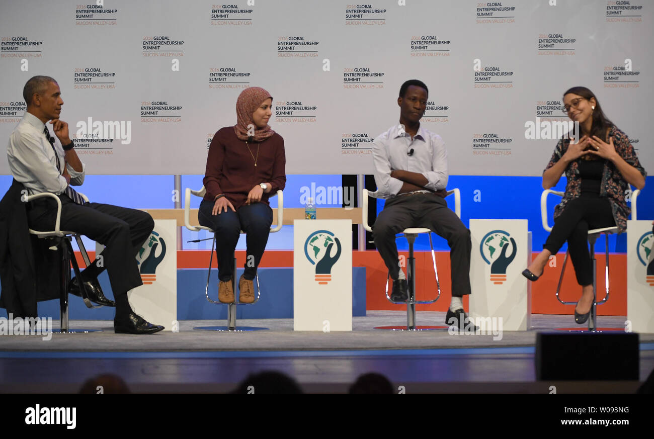 President Barack Obama (L) leads a panel discussion with (L-R) Mai Mediate of Egypt, Jean Bosco Nzeyimana of Rwanda, Mariana Costa Checa of Peru, at the Global Entrepreneurship Summit 2016 at Stanford University in Palo Alto, California on June 24,  2016. GES aims to connect American entrepreneurs and investors with international counterparts.          Photo by Terry Schmitt/UPI Stock Photo