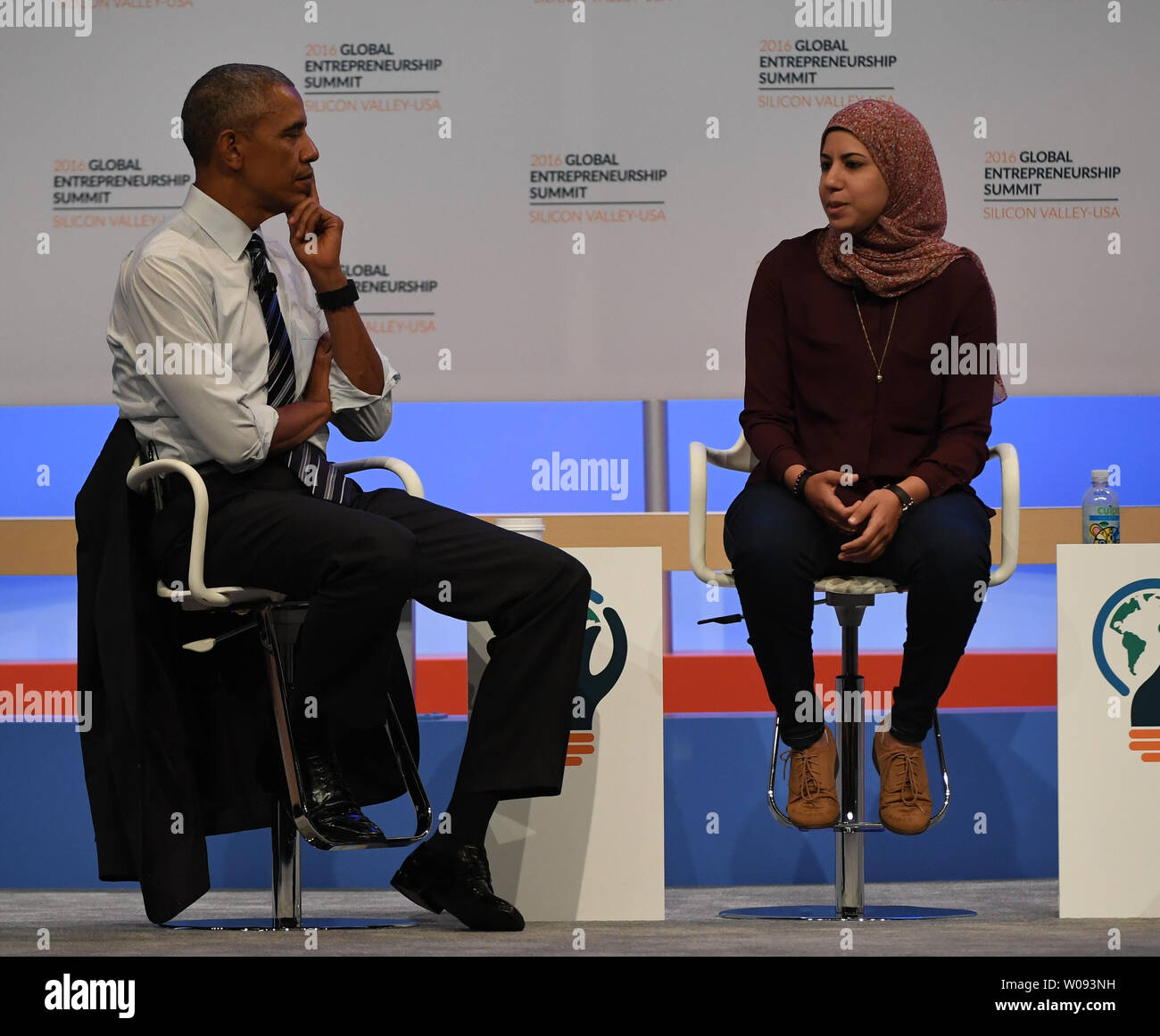 President Barack Obama (L) listens to Mai Mediate of Egypt, tell about her start-up company during a panel discussion at the Global Entrepreneurship Summit 2016 at Stanford University in Palo Alto, California on June 24,  2016. GES aims to connect American entrepreneurs and investors with international counterparts.          Photo by Terry Schmitt/UPI Stock Photo