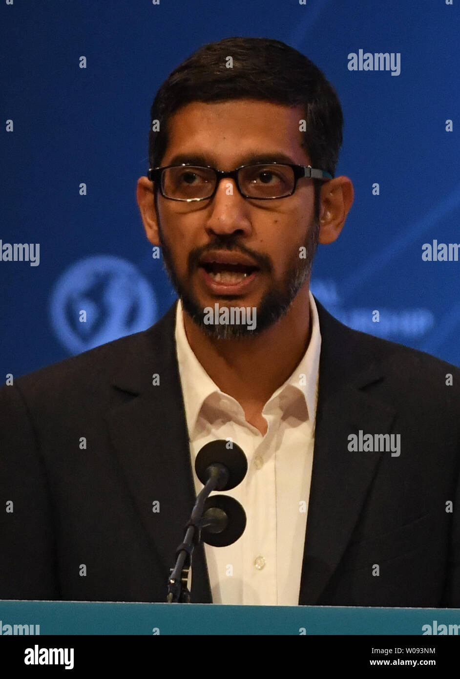Google CEO Sundar Pichai speaks at the Global Entrepreneurship Summit 2016 at Stanford University in Palo Alto, California on June 24,  2016. GES aims to connect American entrepreneurs and investors with international counterparts.          Photo by Terry Schmitt/UPI Stock Photo