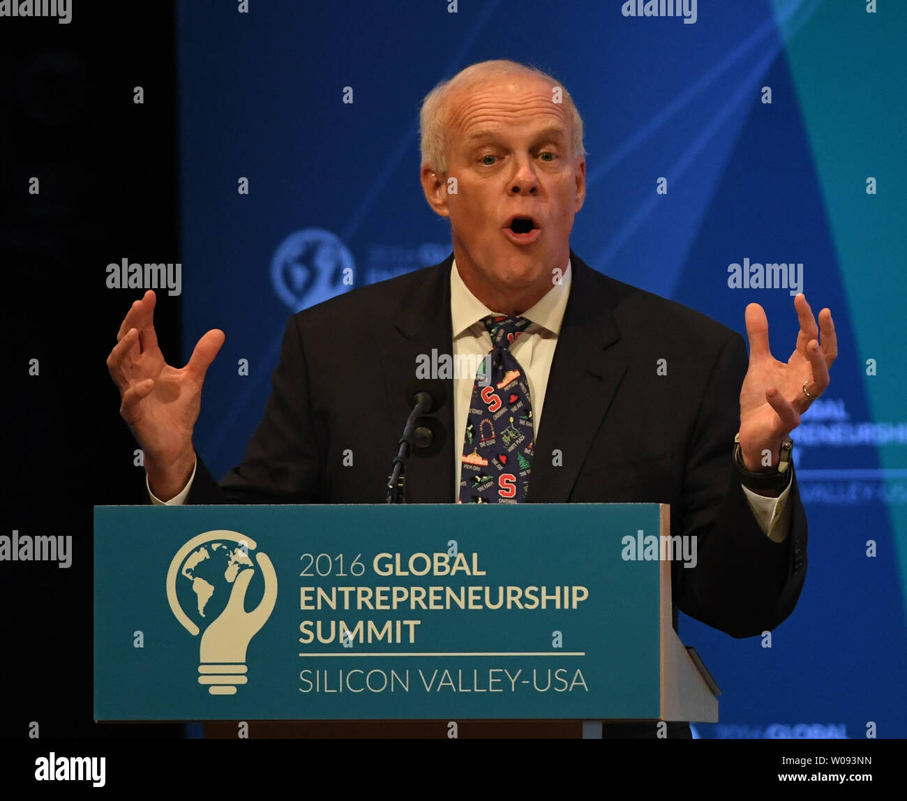 Stanford University President John Hennessy introduces President Barack Obama at the Global Entrepreneurship Summit 2016 at Stanford University in Palo Alto, California on June 24,  2016. GES aims to connect American entrepreneurs and investors with international counterparts.          Photo by Terry Schmitt/UPI Stock Photo