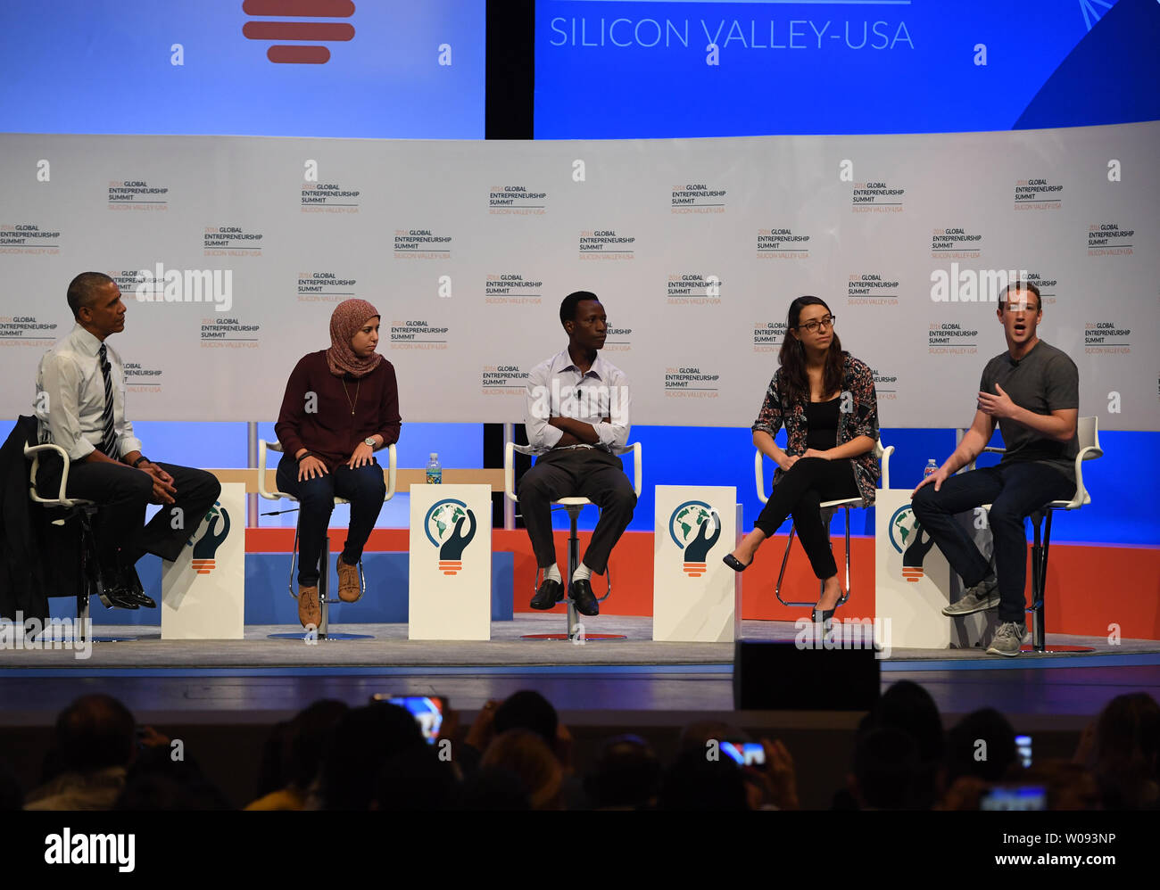 President Barack Obama (L) leads a panel discussion with (L-R) Mai Mediate of Egypt, Jean Bosco Nzeyimana of Rwanda, Mariana Costa Checa of Peru, and Facebook founder Mark Zuckerberg at the Global Entrepreneurship Summit 2016 at Stanford University in Palo Alto, California on June 24,  2016. GES aims to connect American entrepreneurs and investors with international counterparts.          Photo by Terry Schmitt/UPI Stock Photo