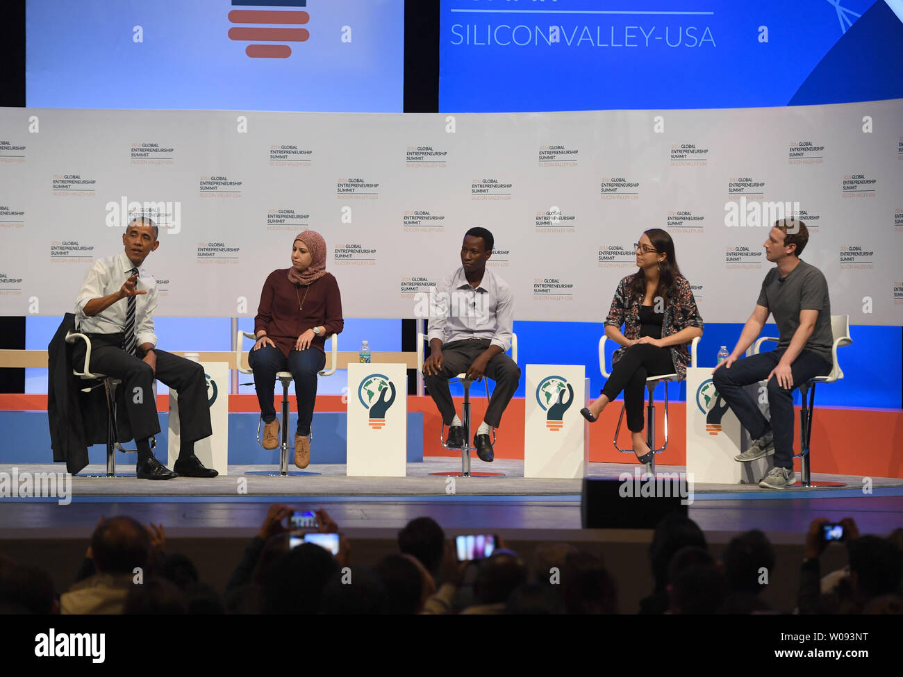 President Barack Obama (L) leads a panel discussion with (L-R) Mai Mediate of Egypt, Jean Bosco Nzeyimana of Rwanda, Mariana Costa Checa of Peru, and Facebook founder Mark Zuckerberg at the Global Entrepreneurship Summit 2016 at Stanford University in Palo Alto, California on June 24,  2016. GES aims to connect American entrepreneurs and investors with international counterparts.          Photo by Terry Schmitt/UPI Stock Photo