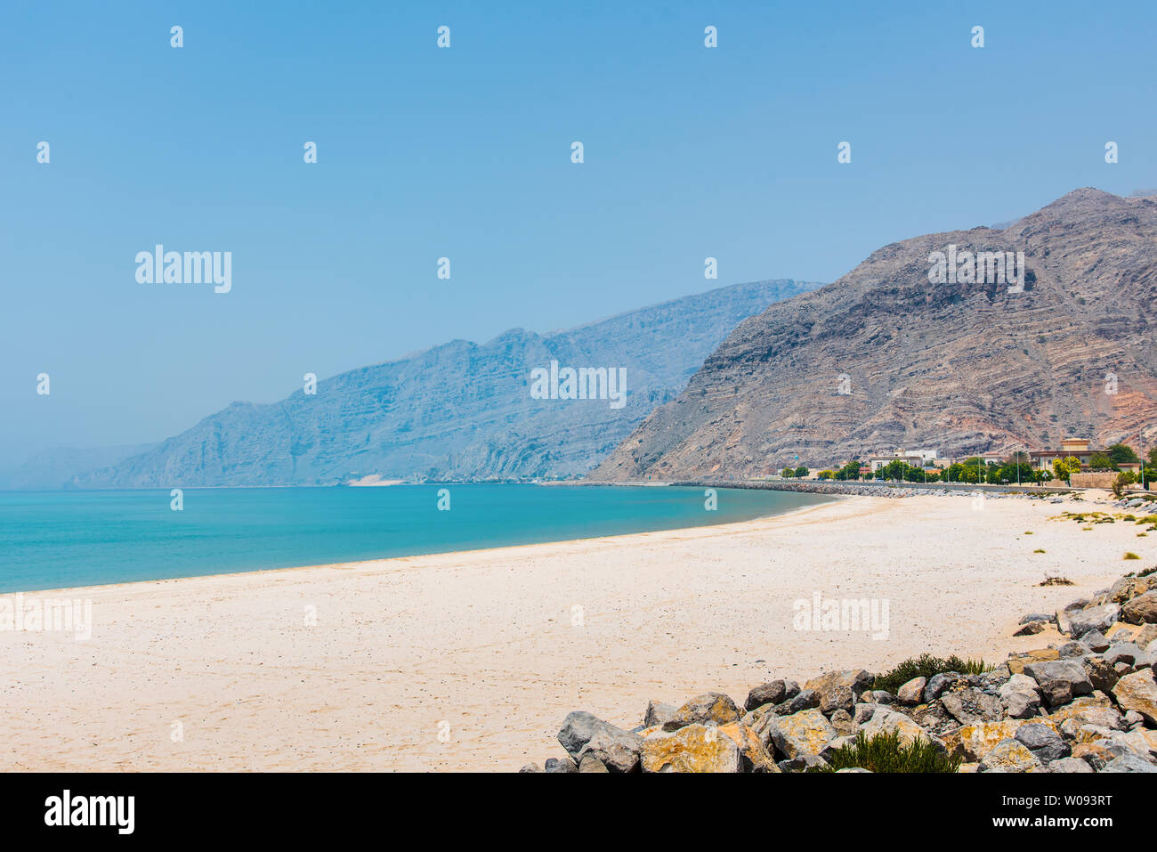 Beautiful beach by the road near Khasab city in Musandam Governorate of Oman Stock Photo
