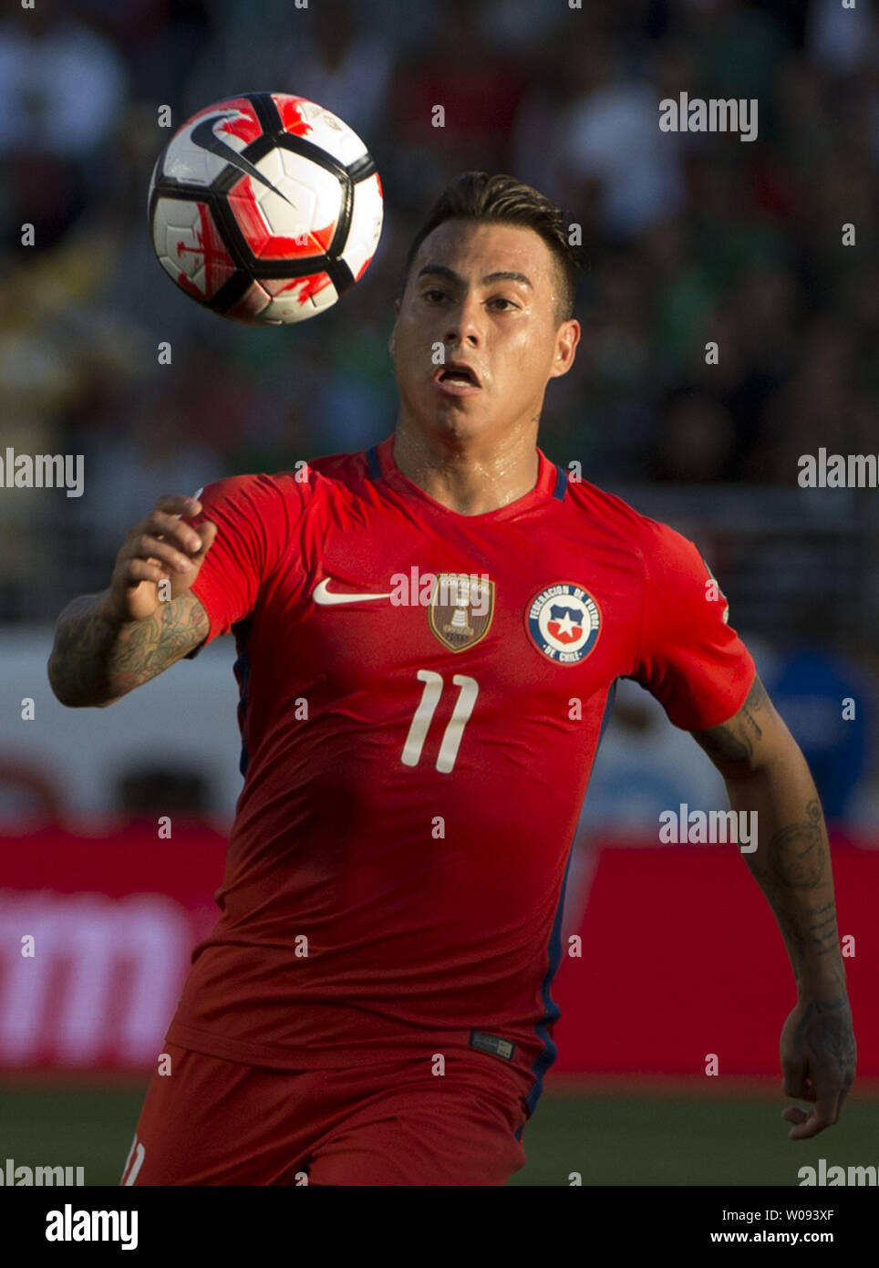 Chile's Eduardo Vargas (11) moves the ball against Mexico in the first half at COPA America Centenario quarter-finals at Levi's Stadium in Santa Clara, California on June 18,  2016. Chile annihilated Mexico 7-0.   Photo by Terry Schmitt/UPI Stock Photo