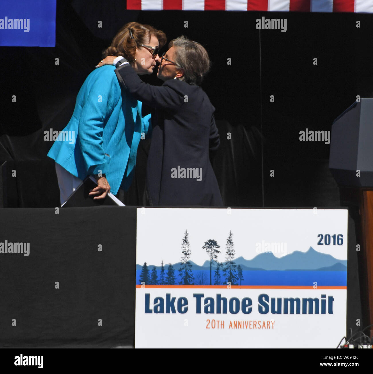Senator Dianne Feinstein (D-CA) gets a kiss from Senator Barbara Boxer (D-CA) at the 20th annual Lake Tahoe Summit in Stateliness, Nevada on August 31, 2016. The summit brings together people from California and Nevada to address the problems of the lake.    Photo by Terry Schmitt/UPI Stock Photo