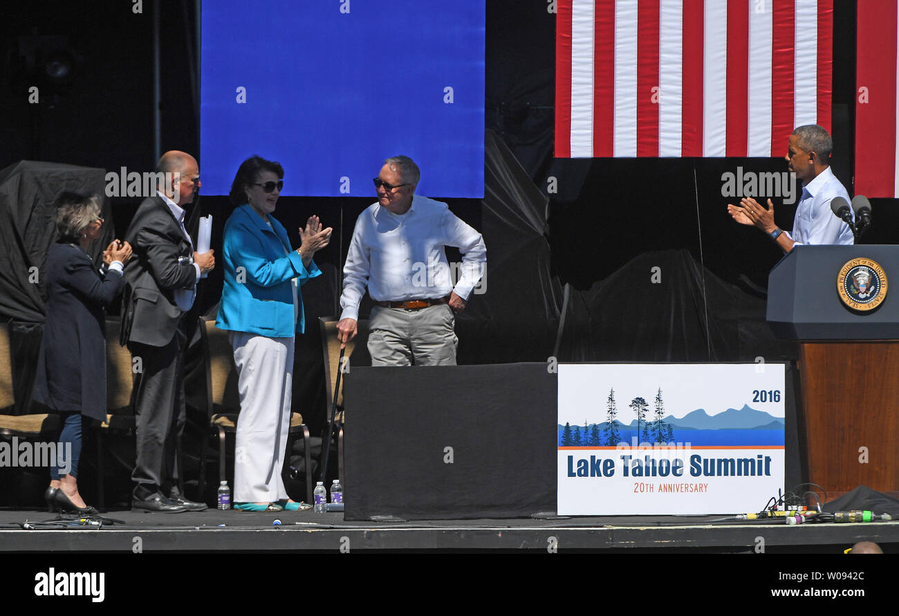 President Barack Obama (R) and from left Sen. Barbara Boxer, California Gov. Jerry Brown, and Sen. Dianne Feinstein give Nevada Senator Harry Reid a standing ovation at the 20th annual Lake Tahoe Summit in Stateliness, Nevada on August 31, 2016. The summit brings together people from California and Nevada to address the problems of the lake.    Photo by Terry Schmitt/UPI Stock Photo