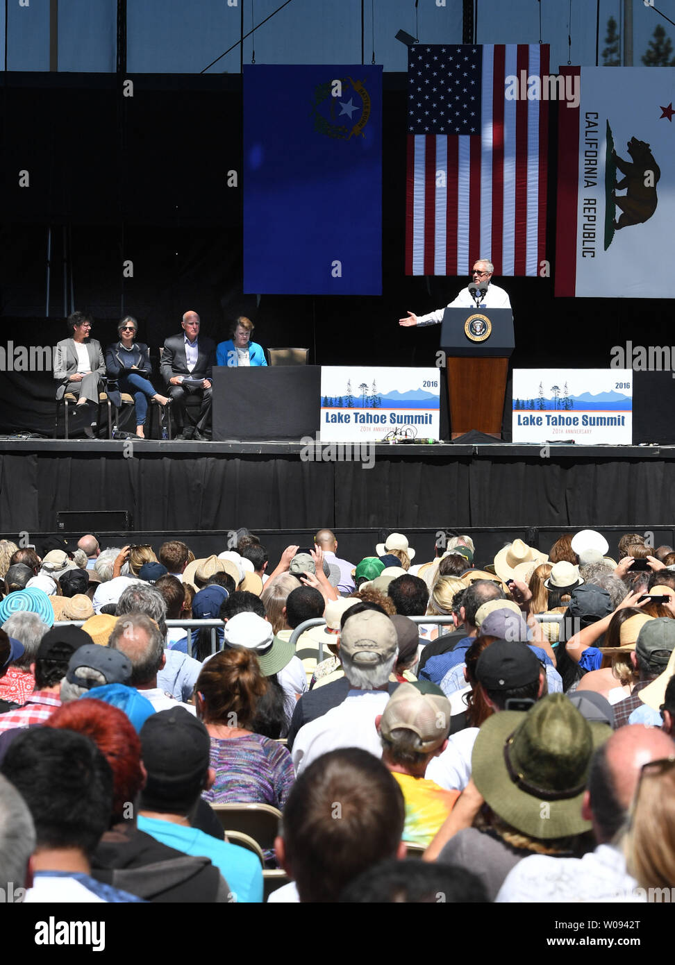 Senator Harry Reid (D-NV) speaks at the 20th annual Lake Tahoe Summit in Stateliness, Nevada on August 31, 2016. The summit brings together people from California and Nevada to address the problems of the lake.    Photo by Terry Schmitt/UPI Stock Photo