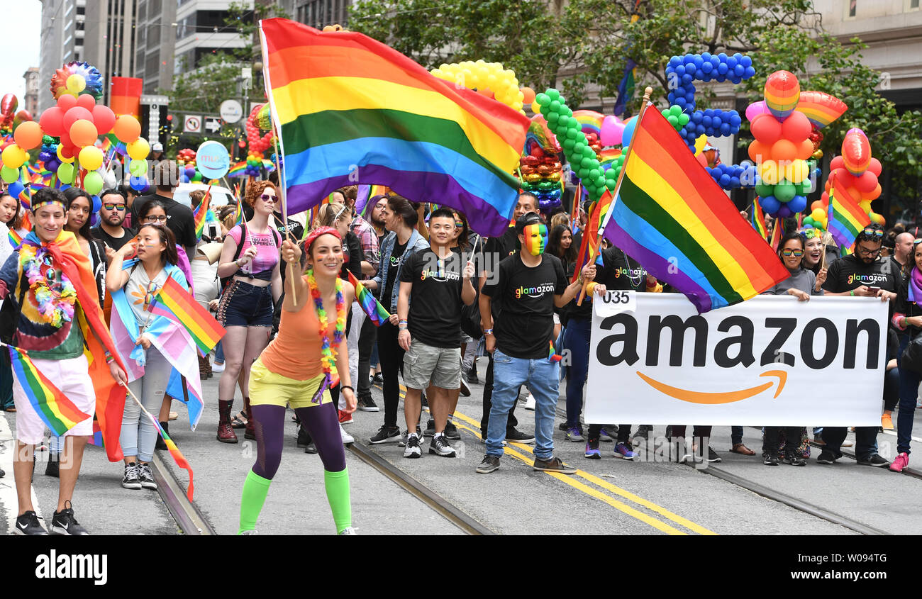 A contingent from Amazon participates in the annual LGBT Pride Parade in  San Francisco on June 25, 2017. Political action, gay pride and corporate  advertising were themes as tens of thousands participated.