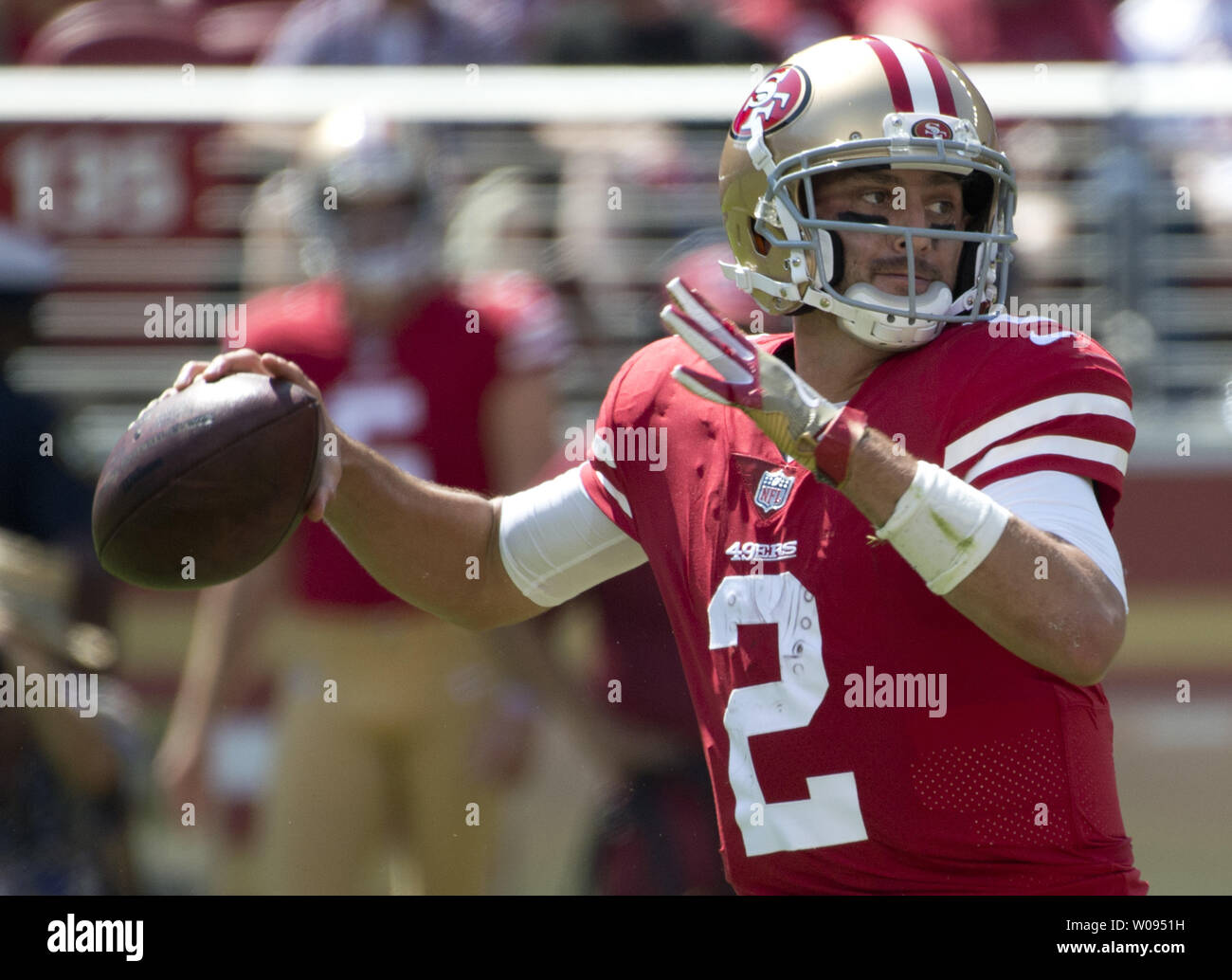San Francisco 49ers QB Brian Hoyer drops back to pass against the ...