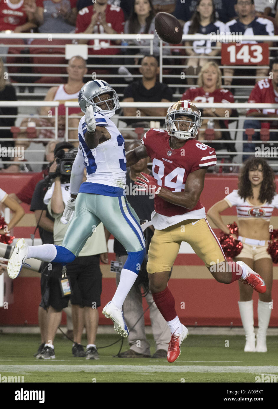 Dallas Cowboys Anthony Brown (L) interfers with San Francisco 49ers WR Kendrick Bourne in the second quarter at Levi's Stadium in Santa Clara, California on August 9, 2018. The 49ers defeated the Cowboys 24-21.      Photo by Terry Schmitt/UPI Stock Photo