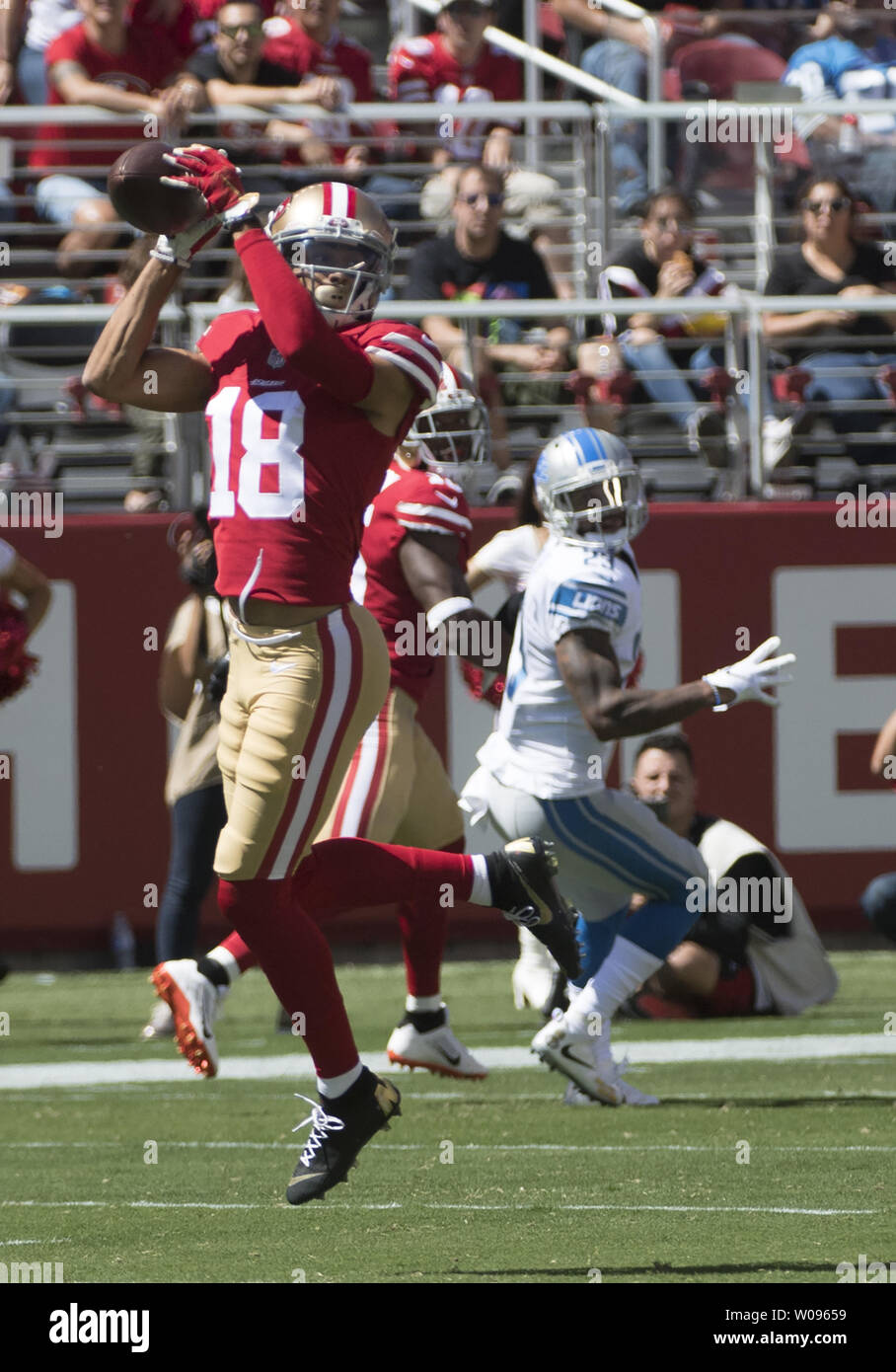 San Francico 49ers WR Dante Pettis (18) takes a Jimmy Garoppolo pass for 35 yards in the first quarter against the Detroit Lions at Levi's Stadium in Santa Clara, California on September 16, 2018.    Photo by Terry Schmitt/UPI Stock Photo
