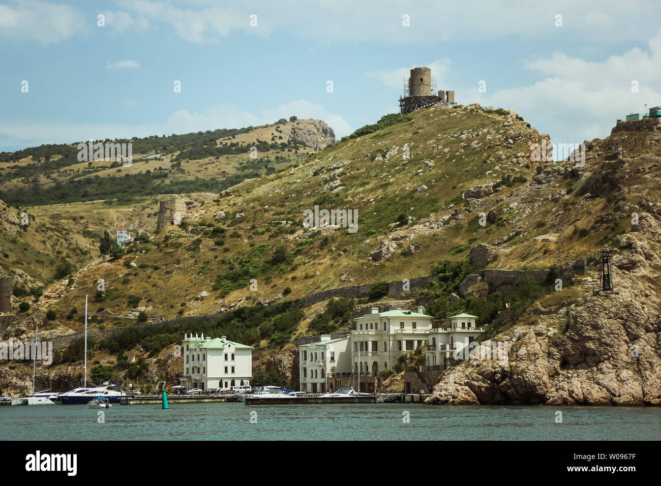 the Bay of Balaklava and the Ruins of Genoese fortress Cembalo. Balaklava, Crimea. beautiful seascape Stock Photo