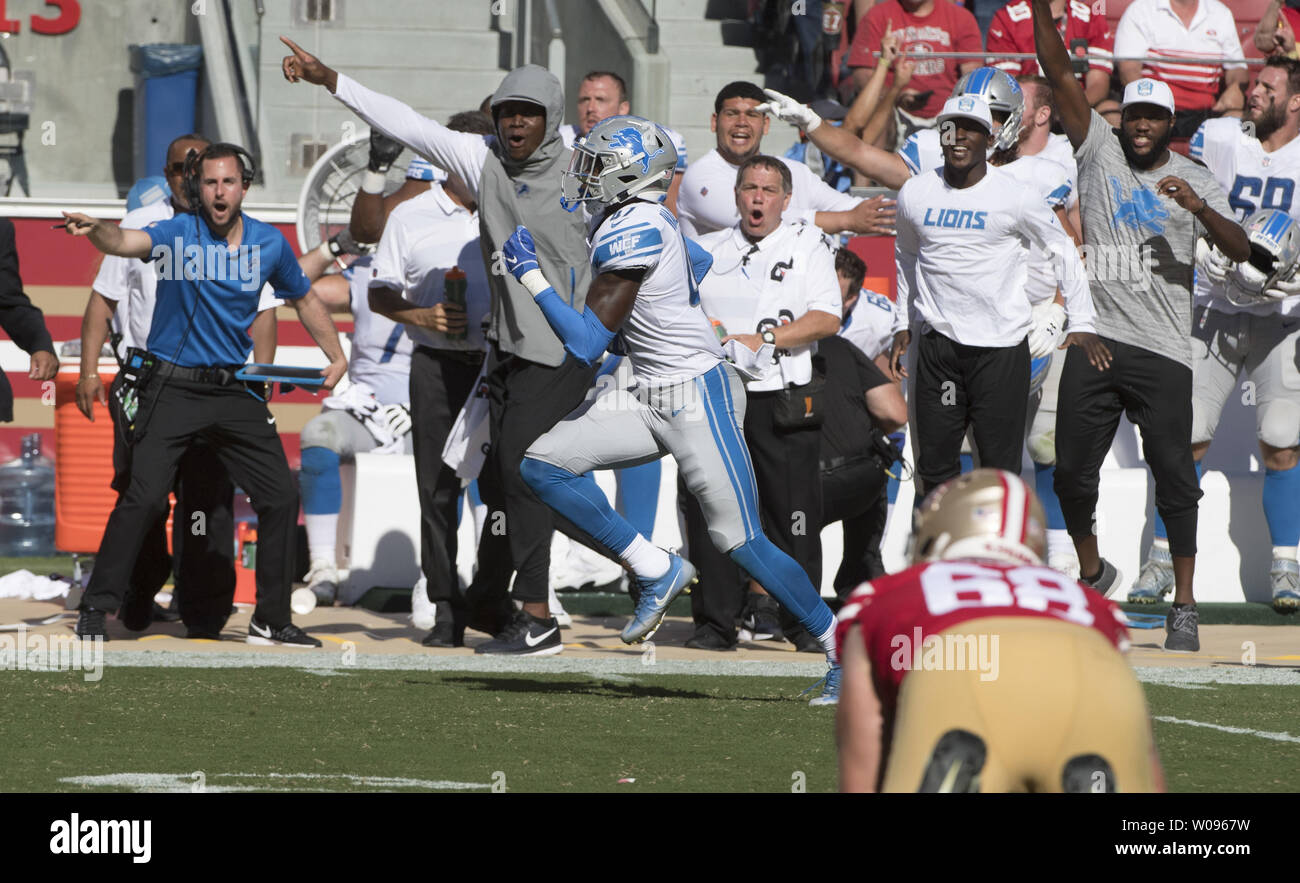 The Detroit Lions bench goes wild as Lions Tracy Walker runs  an intercepted pass from San Francisco 49ers QB Jimmy Garoppolo back to the 7 yard line with two minutes left in the game at Levi's Stadium in Santa Clara, California on September 16, 2018. The interception was nullified by a holding penalty and the 49ers defeated the Lions 30-27.   Photo by Terry Schmitt/UPI Stock Photo