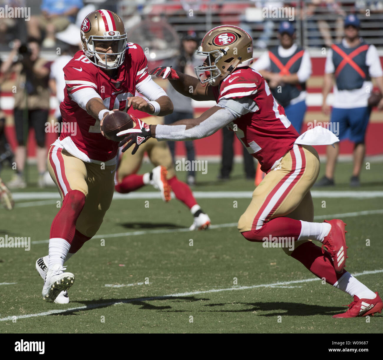 San Francisco 49ers QB Jimmy Garoppolo warms up before playing the  Jacksonville Jaguars at Levi's Stadium in Santa Clara, California,  California on December 24, 2017. Garoppolo defeated the Jaguars 44-33.  Photo by