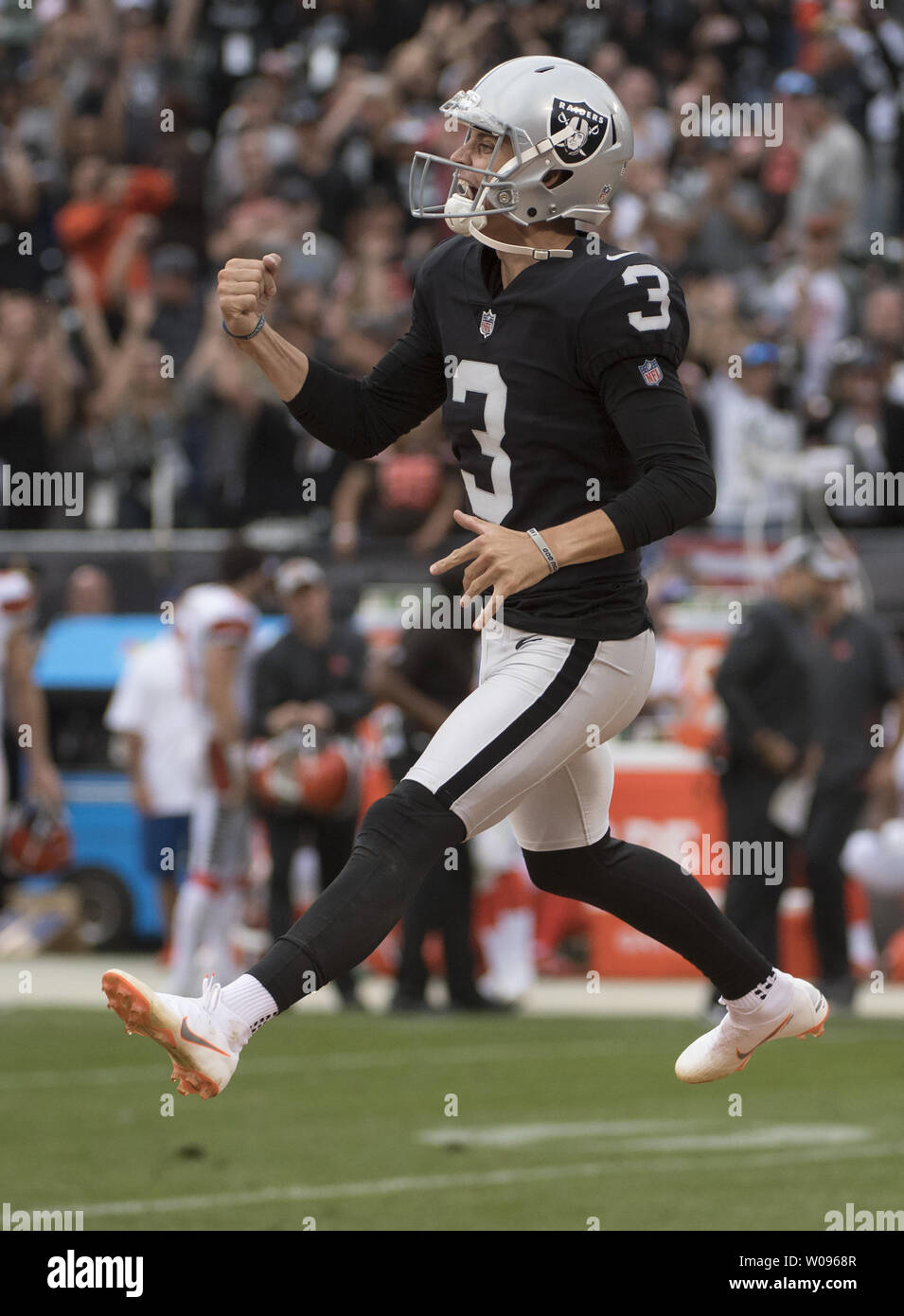 Oakland Raiders Matt McGrane (3) celebrates after kicking a 29 yrd field goal to defeate the Cleveland Browns in overtime at the Coliseum in Oakland, California on September 30, 2018. The Raiders won 45-42.     Photo by Terry Schmitt/UPI Stock Photo
