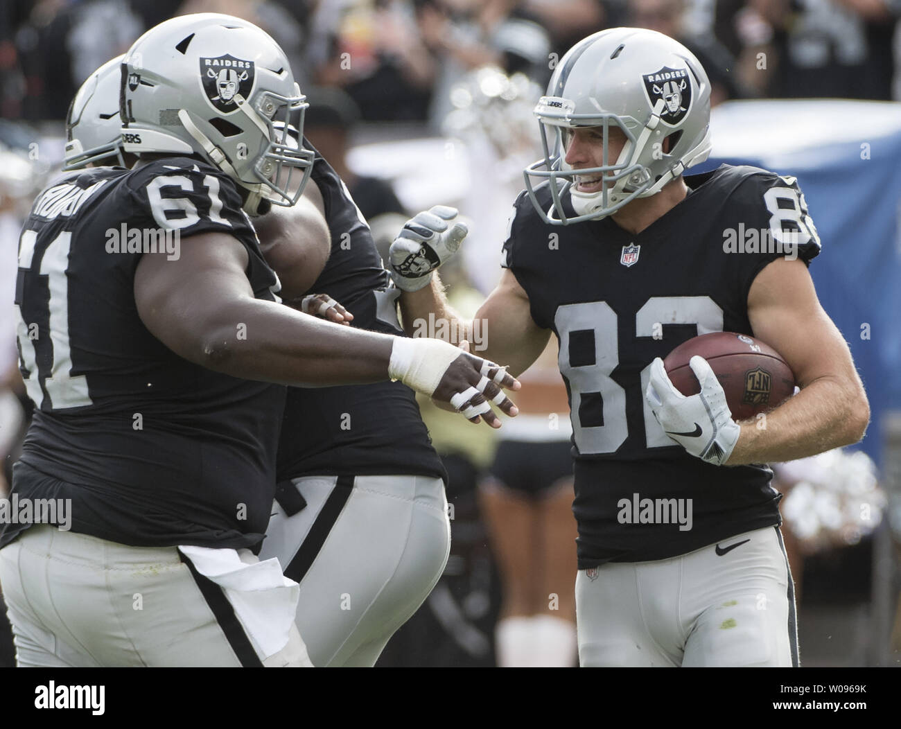 Oakland Raiders Jordy Nelson (82) celebrates a 19 yard TD pass from Derek Carr in the fourth quarter against the Cleveland Browns at the Coliseum in Oakland, California on September 30, 2018. The Raiders defeated the Browns 45-42 in overtime.     Photo by Terry Schmitt/UPI Stock Photo